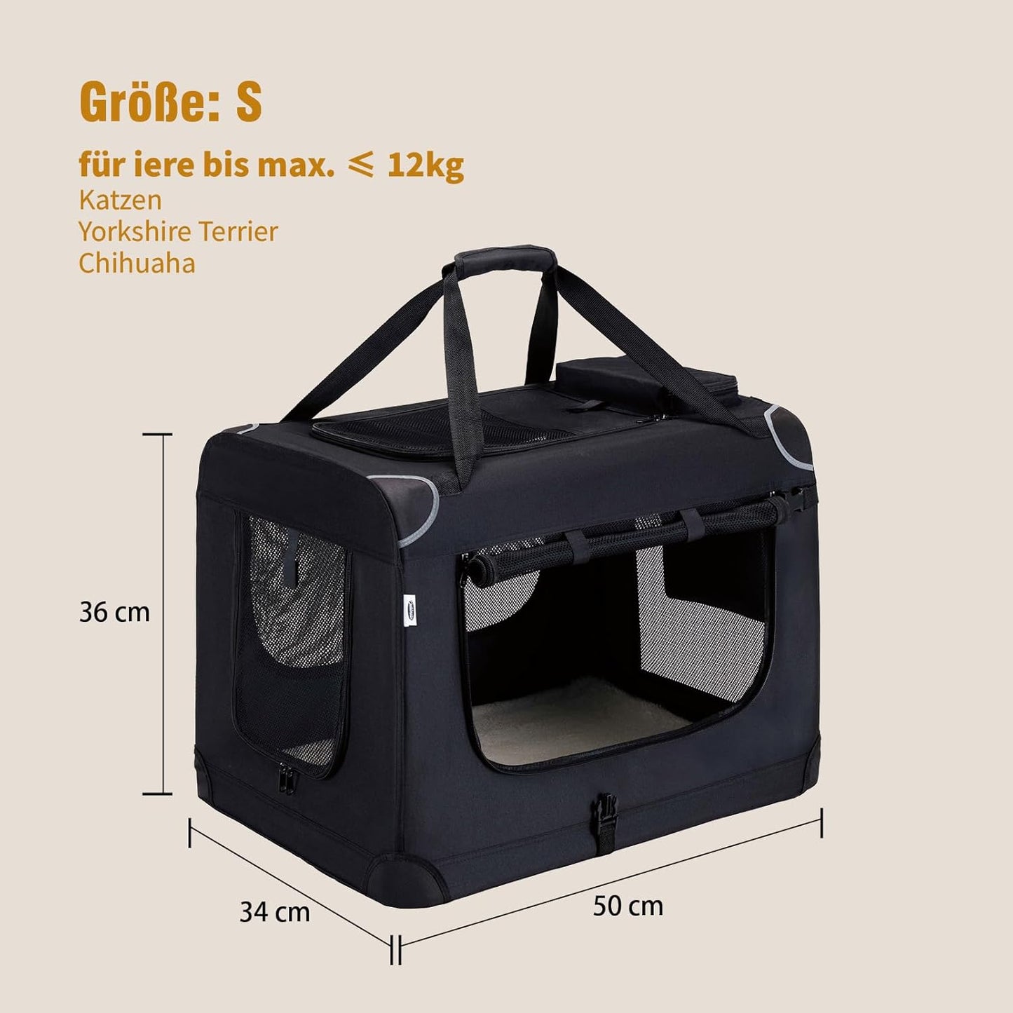 Faltbare Hundetransportbox mit Zubehör, bis 12 kg, S Schwarz