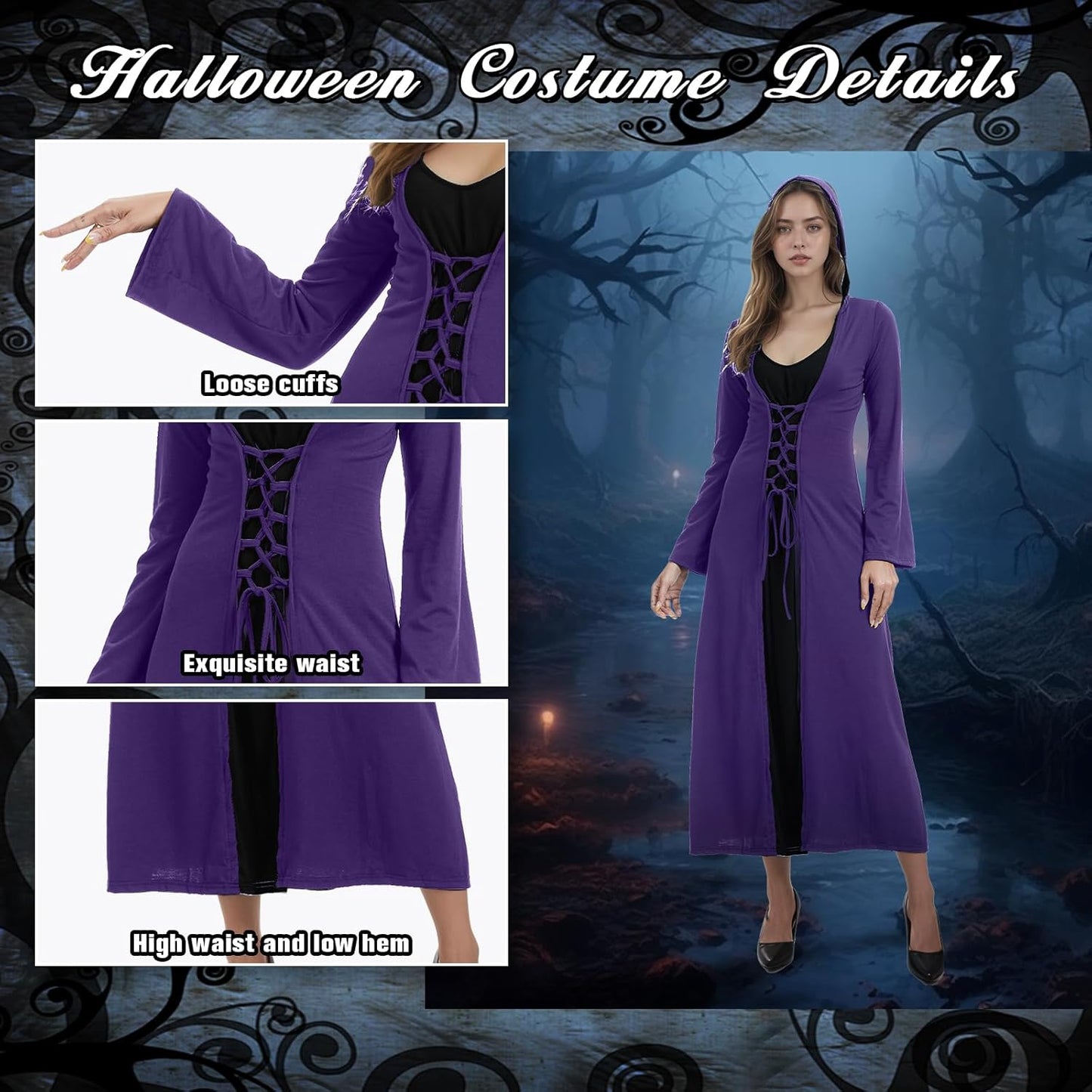 Mittelalterliches Halloween Kostüm mit Kapuze für Frauen, S Lila und Schwarz
