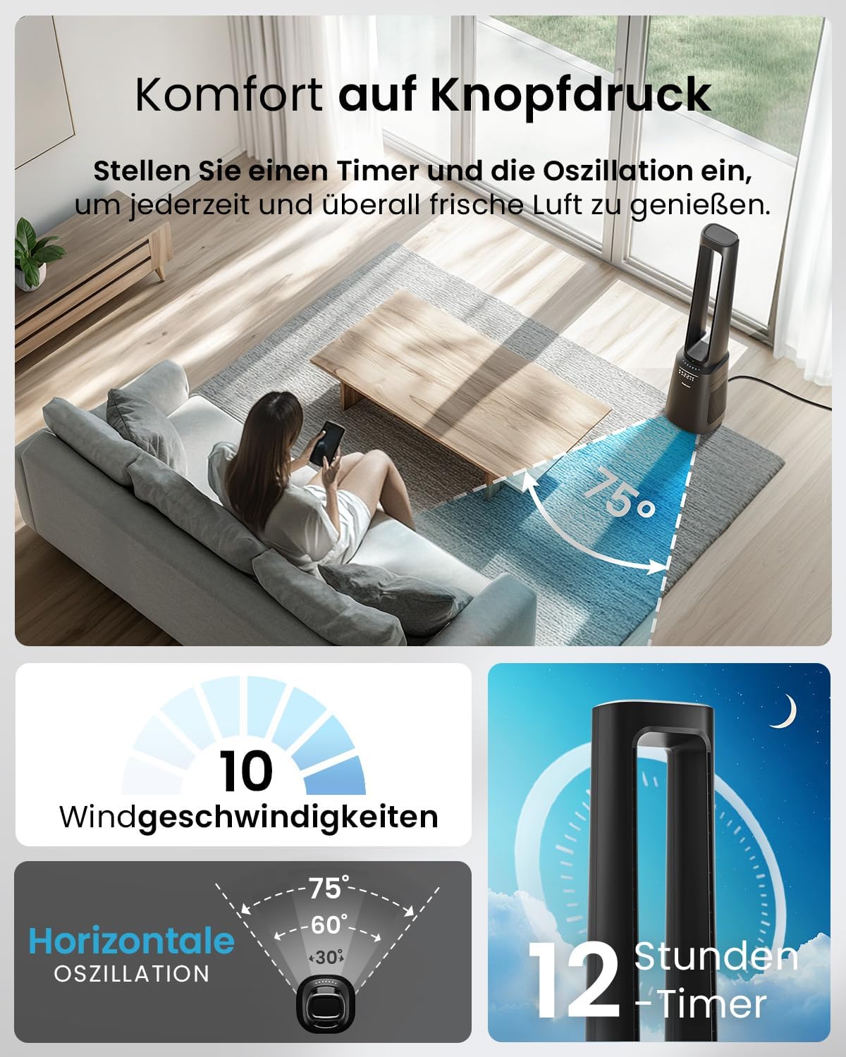 OmniAir Turmventilator mit Luftreiniger & HEPA Filter, Ohne App Schwarz