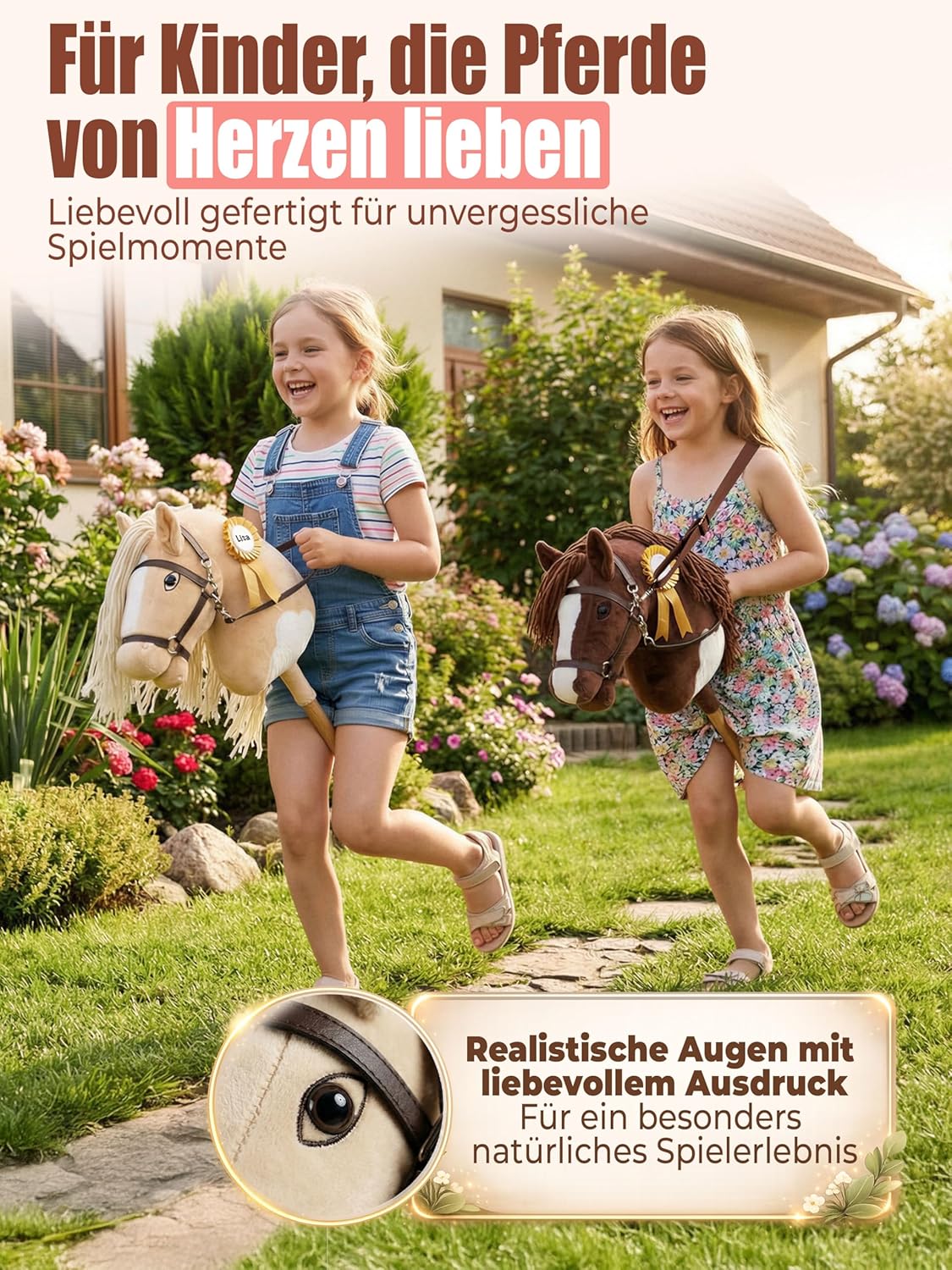 Handgefertigtes Steckenpferd mit verstellbarem Gurt & Turnierschleife, Braun & Weiss