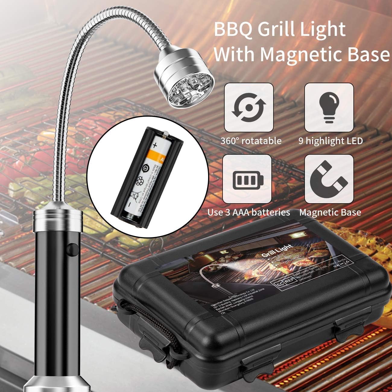 Grilllicht Set mit Magnet und 360° Drehung (2 Stück), Schwarz