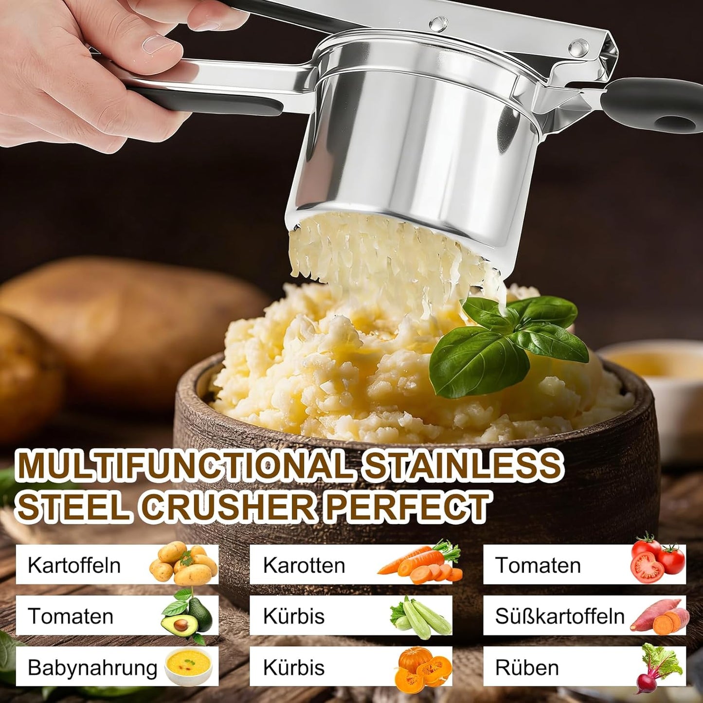 Kartoffelpresse mit 4 Schneidplatten und Zubehör