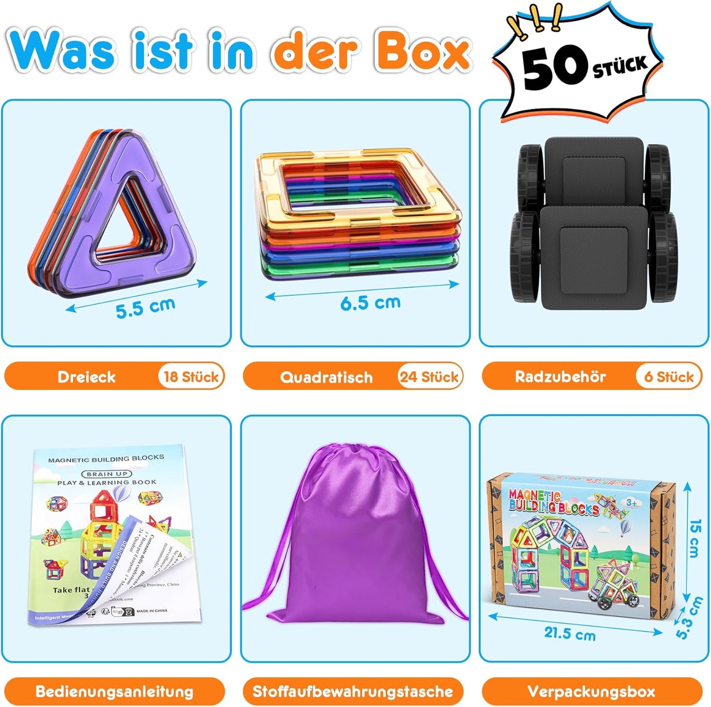 Magnetbausteine-Set, 50 Teile - Bunt