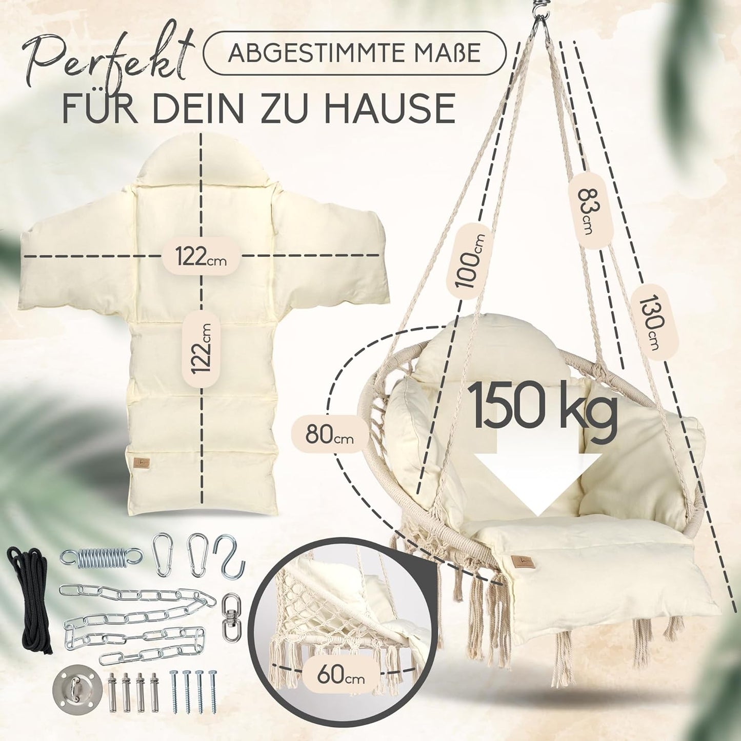 Hängesessel mit Korb & XXXL Kissen, Beige