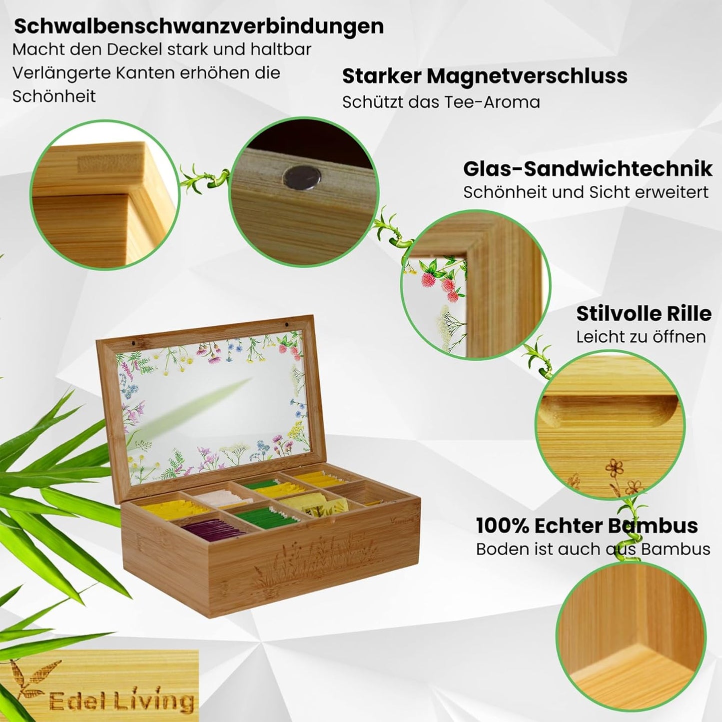 Premium Teebox mit 8 Fächern & Fenster, Mattem Wiesenwildblumen