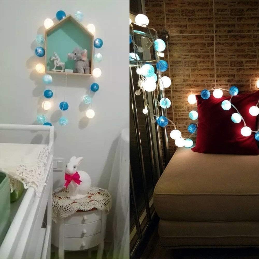 Lichterkette mit Baumwollkugeln, Blau Batterie