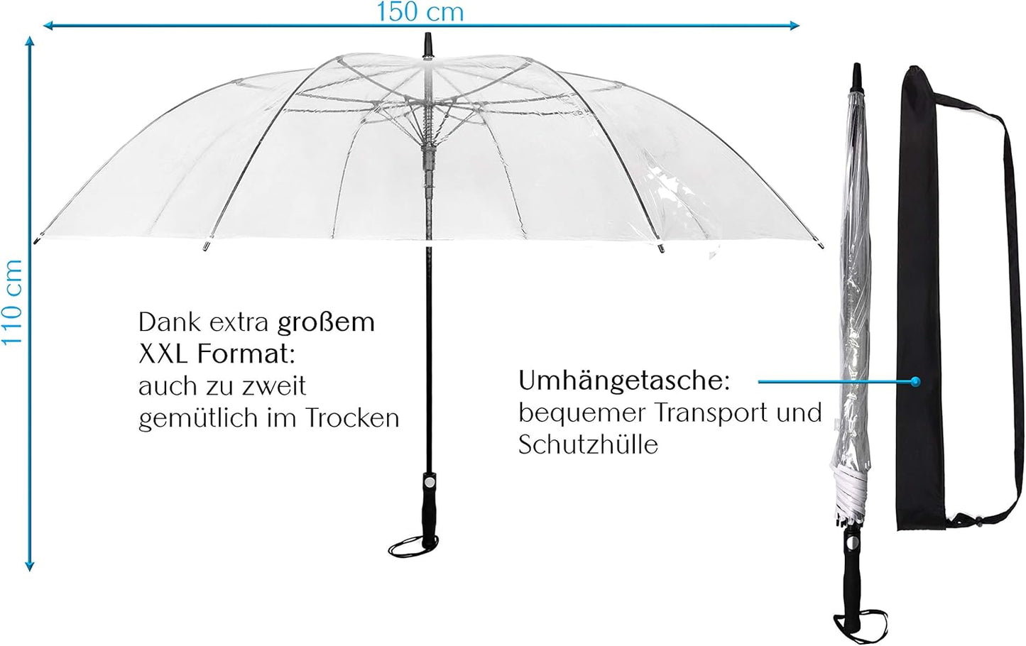 XXXL transparenter Regenschirm mit Automatiköffnung, Transparent - Weisser Rand, Ø150 cm - sehr sehr gross - XXXL