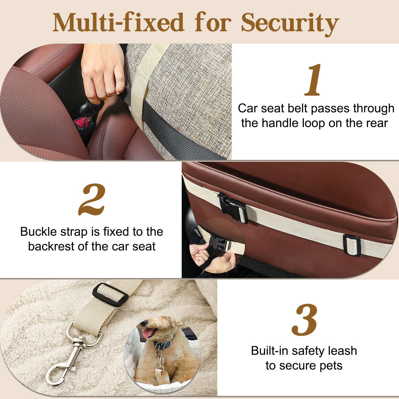 Autositz mit Sicherheitsgurt für Hunde, Braun+Beige