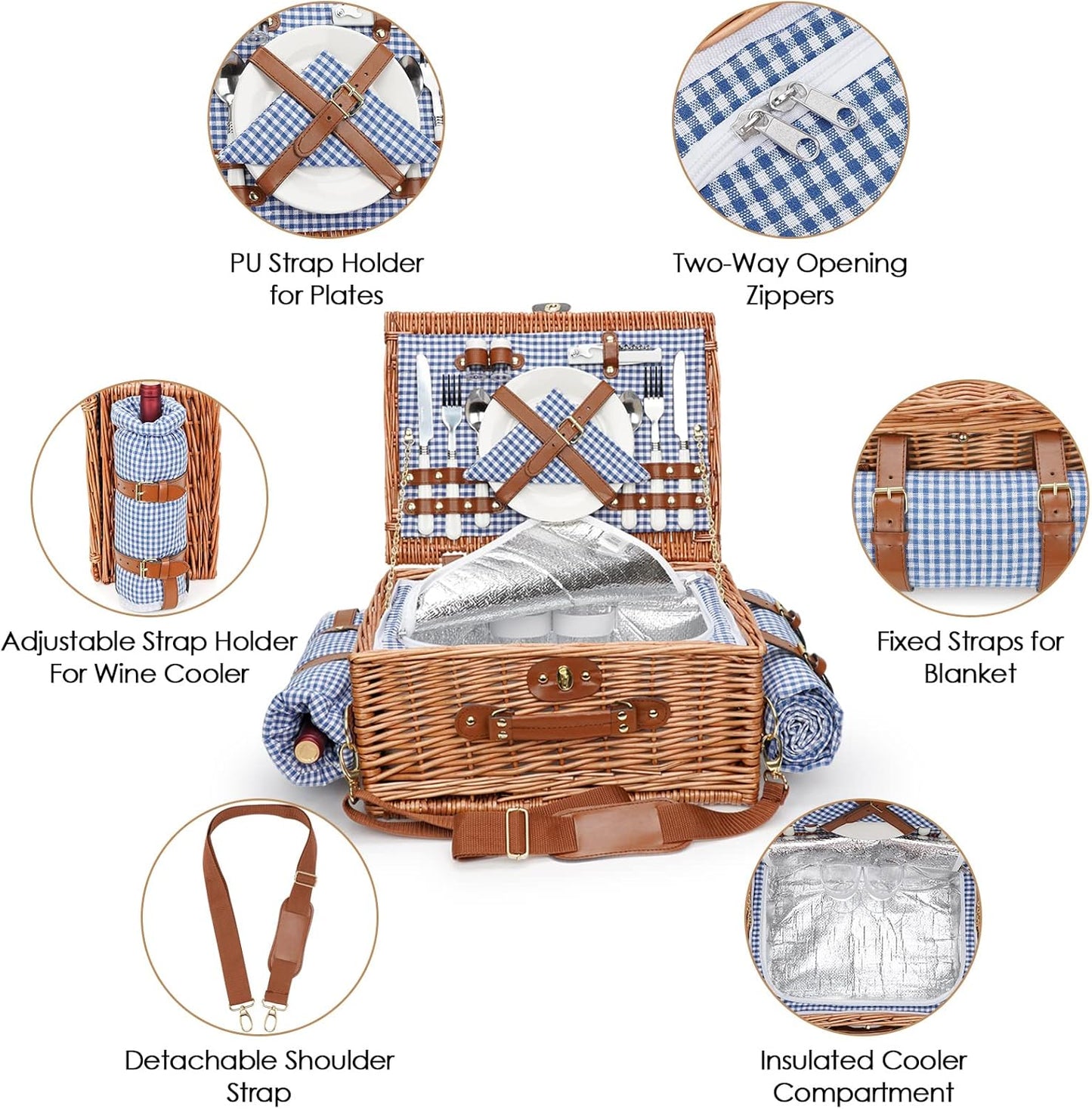 Picknickkorb-Set für 2 Personen mit Kühlfach, [Bo] Blue & White 2 Personen
