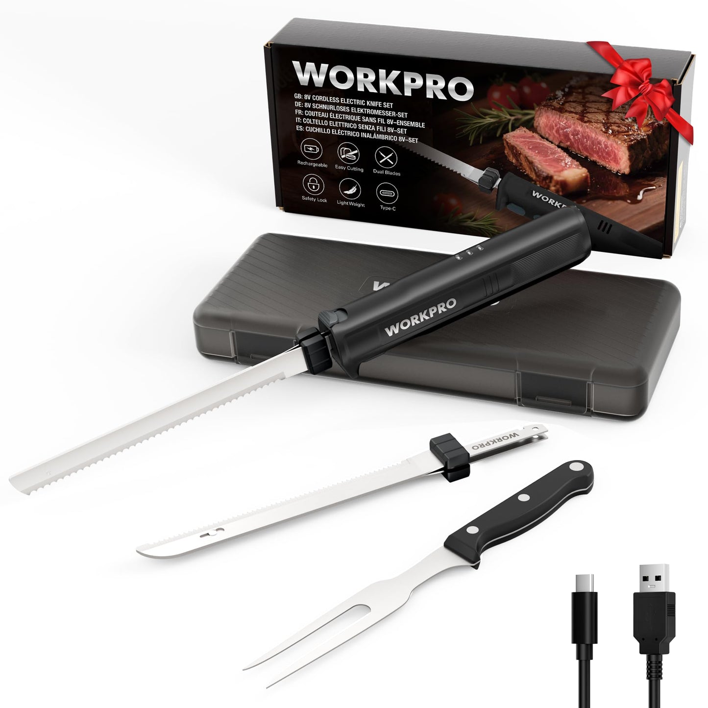Elektromesser-Set mit 2 Klingen und Gabel, Schwarz