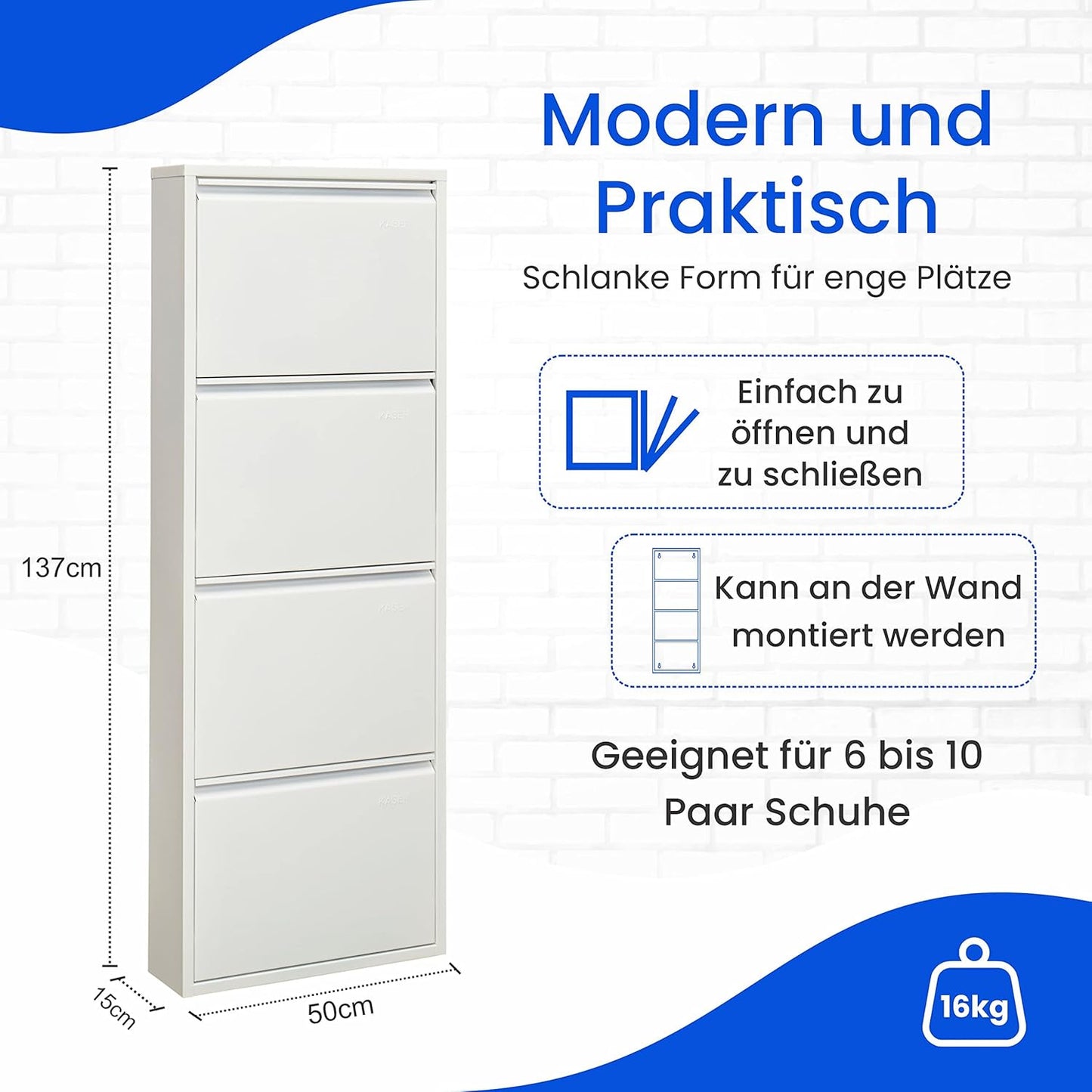 Schuhregal mit 4 Klappen für Wandmontage, 4 Klappen Weiß