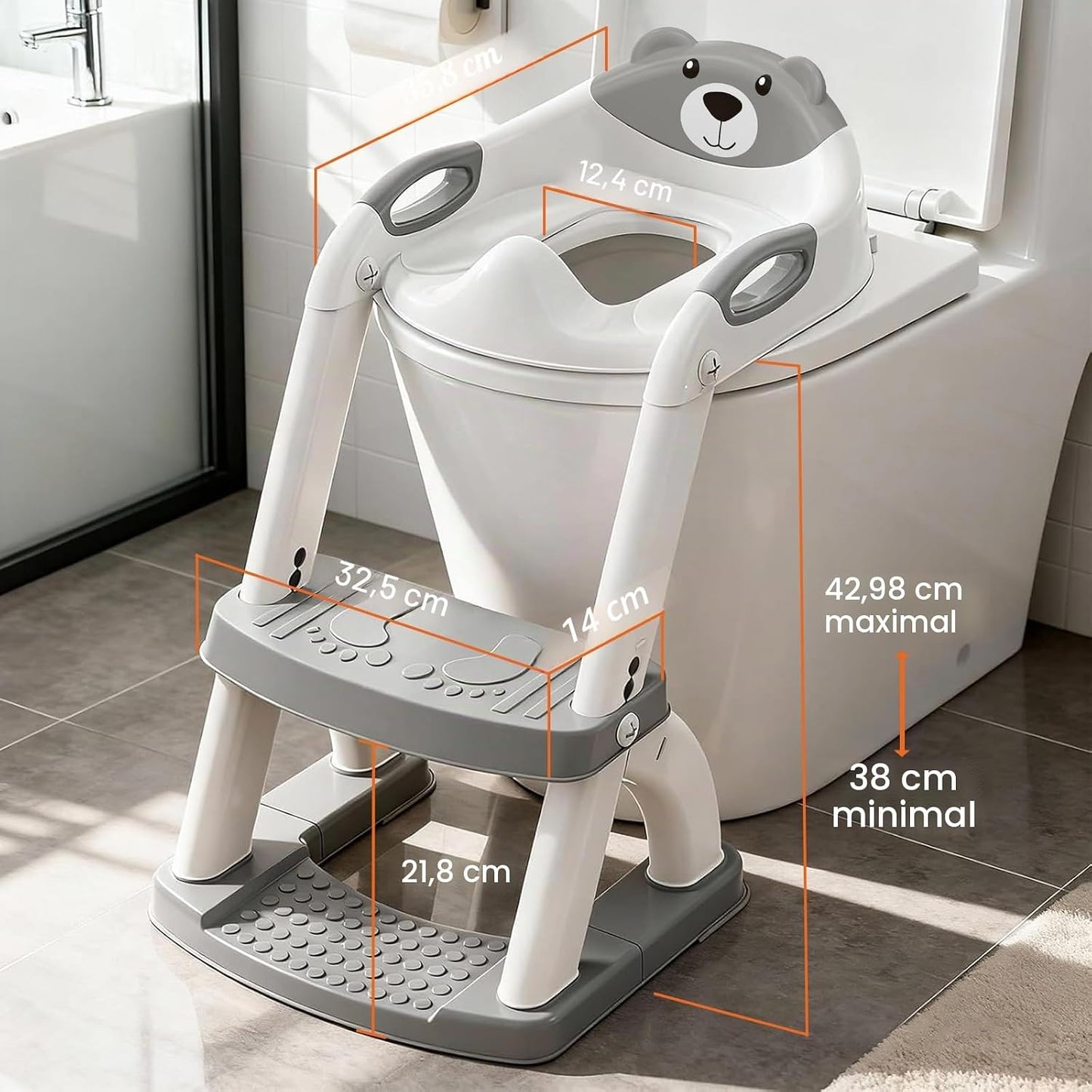 2-in-1 Toilettenaufsatz mit Treppe für Kinder, Grau-8898