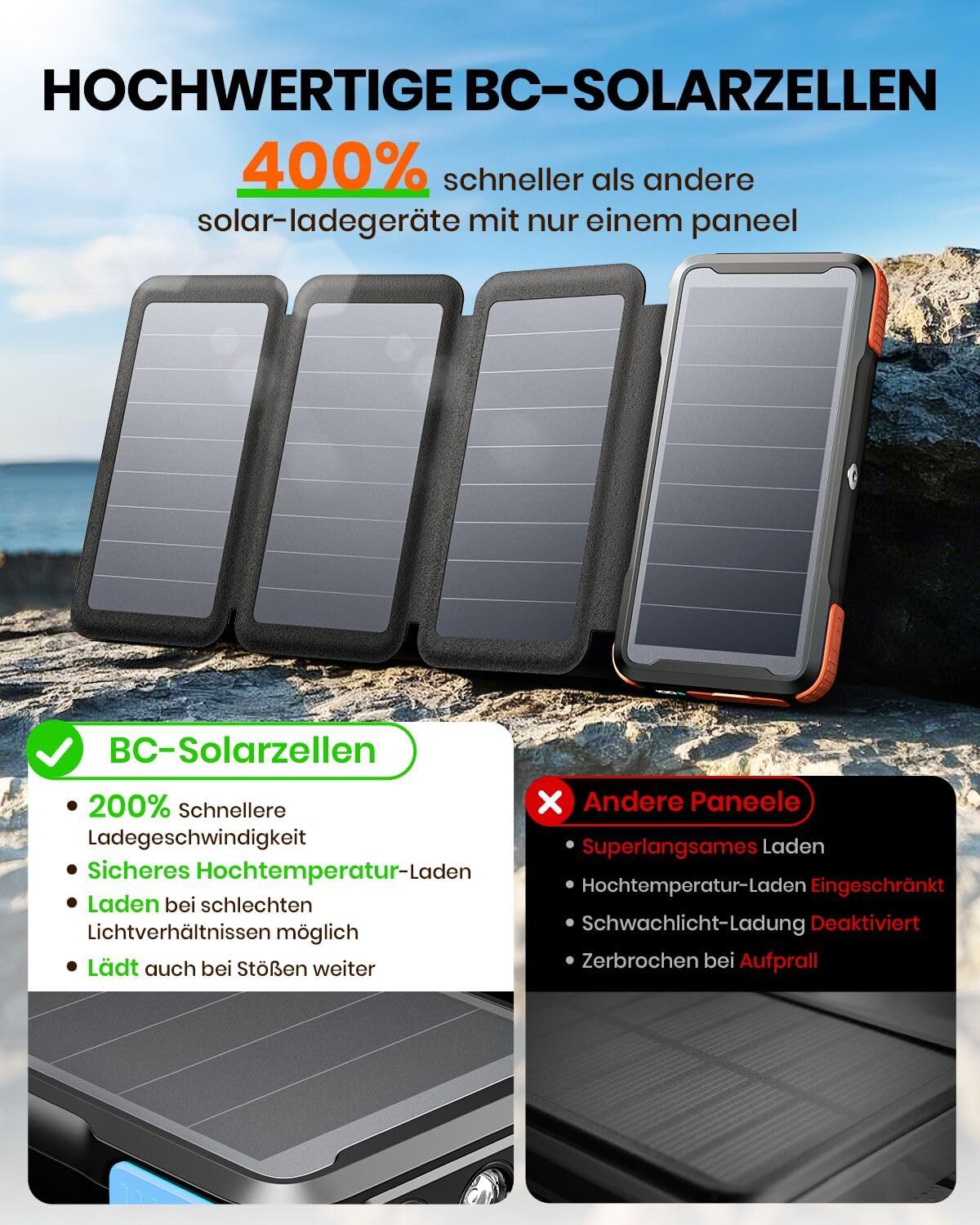 Solar PowerBank Wireless mit Schnellladefunktion, Orange