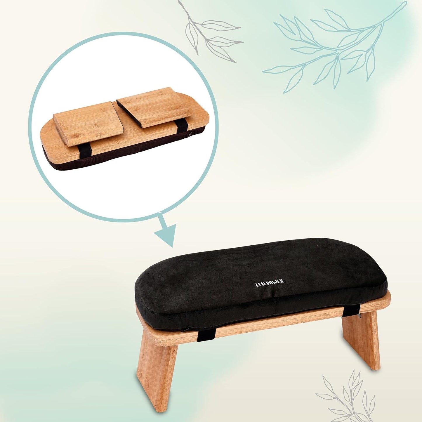 Klappbare Yoga- und Meditationsbank aus Holz, Schwarzes Kissen + Bank