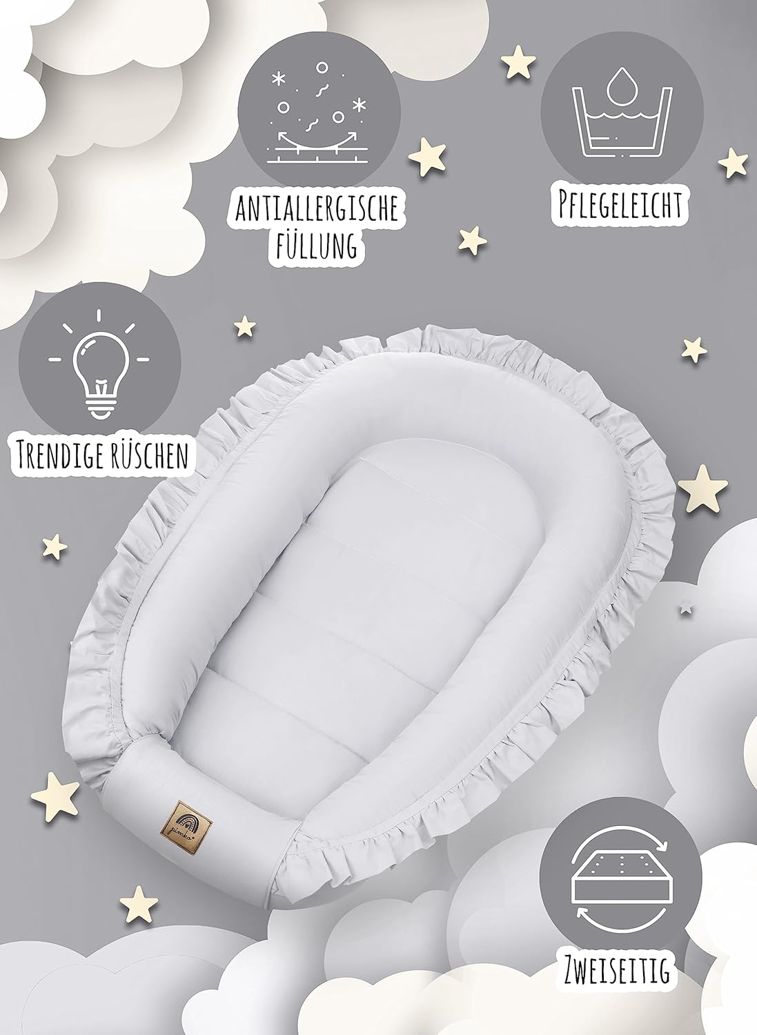 Babynest mit Rüschen für Neugeborene (100% Baumwolle), Grau mit Klappe