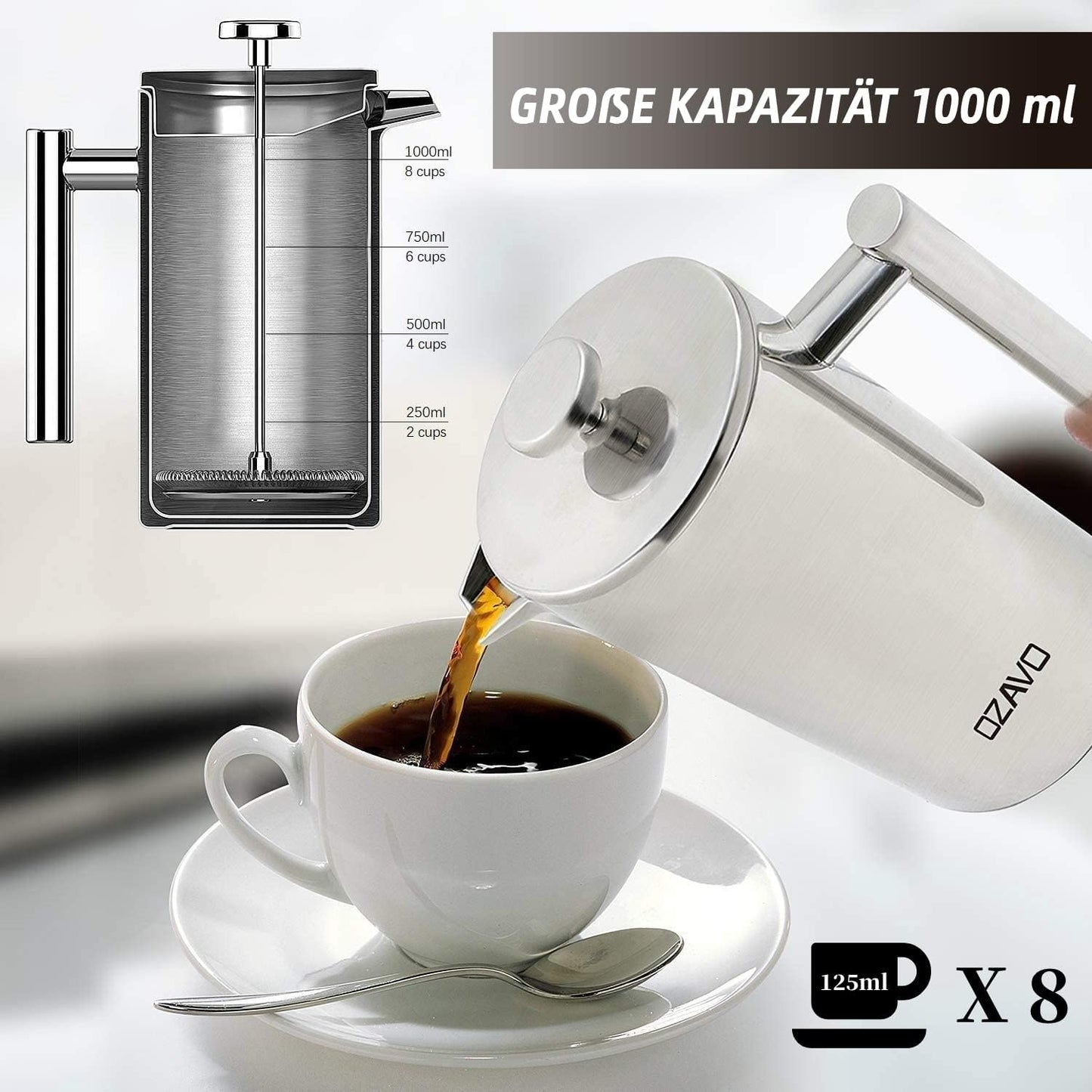 French Press mit 5 Ersatzfiltern, 1 L