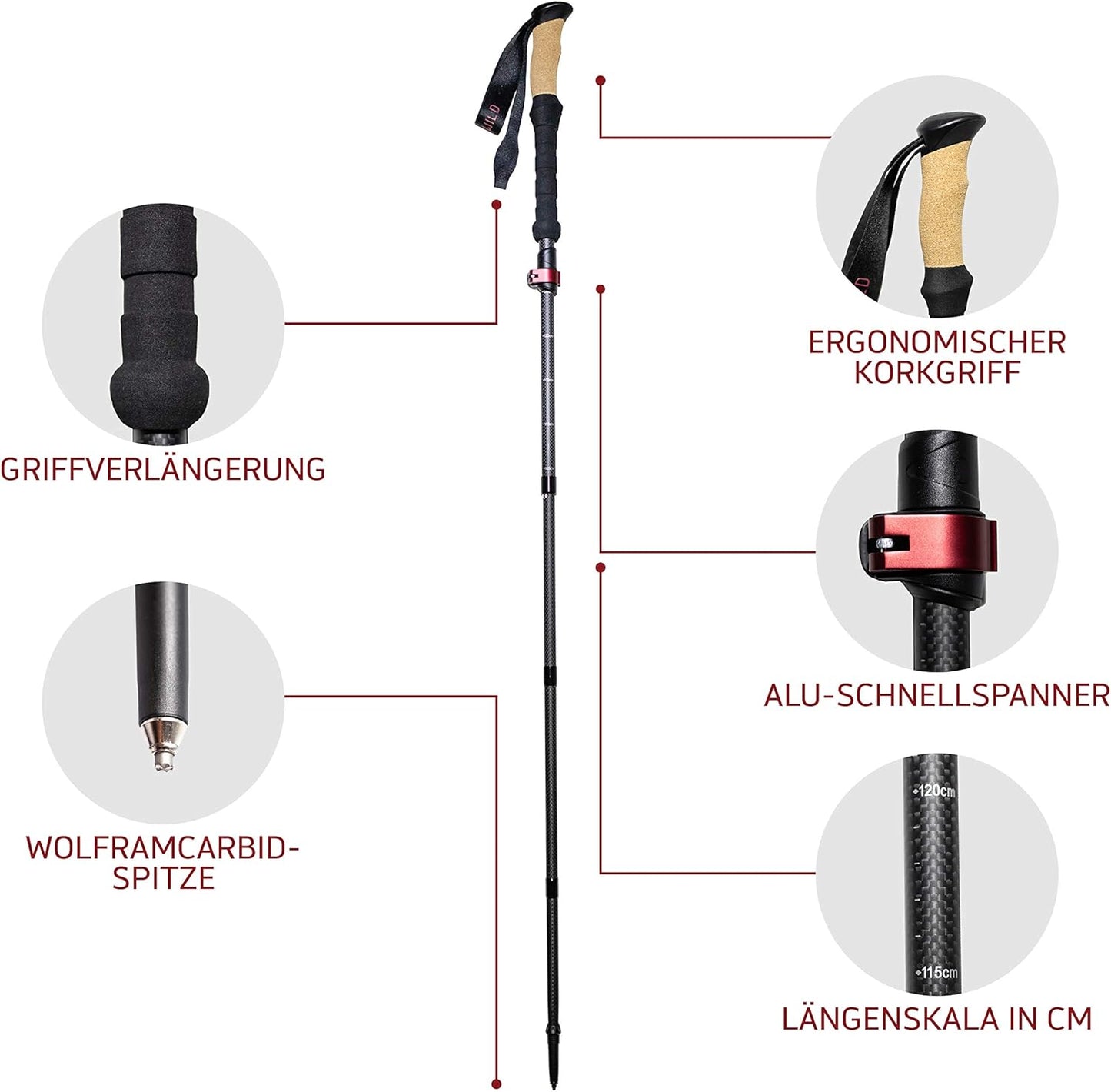 Faltbare Wanderstöcke Platzhirsch, Carbon faltbar 115-135cm