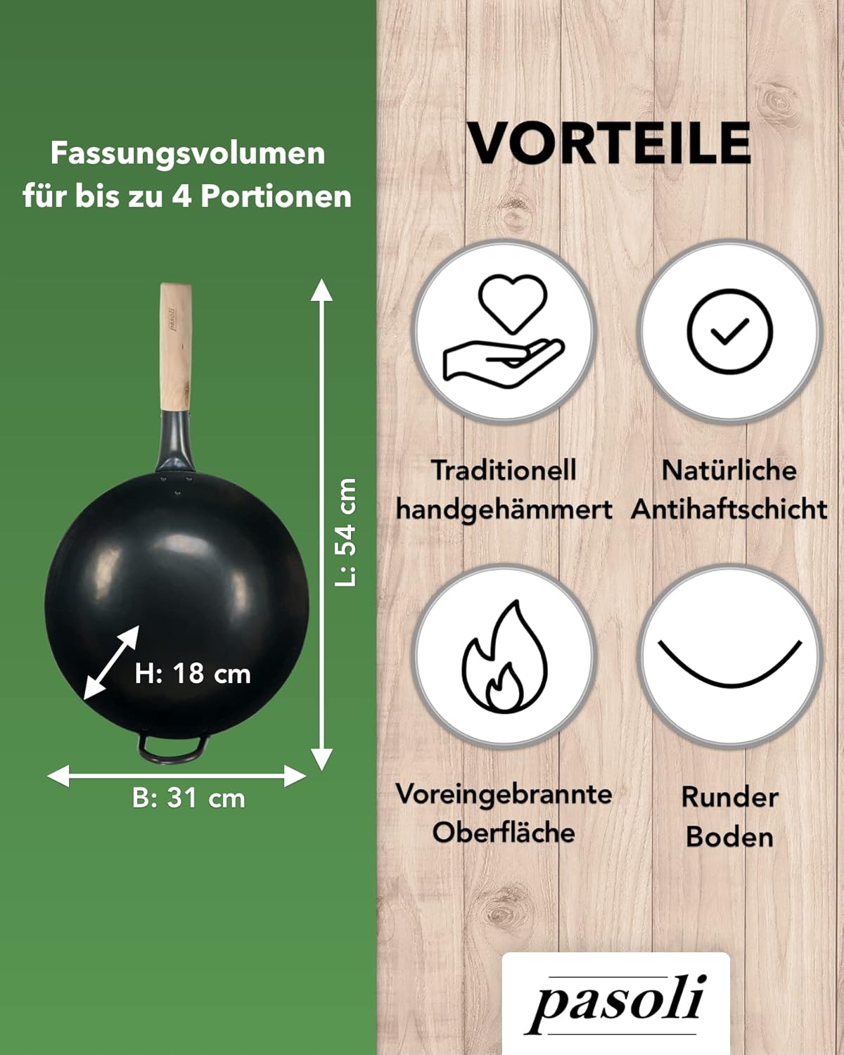 Carbonstahl-Wok, für Gasherd und Grill, schwarz 30 cm