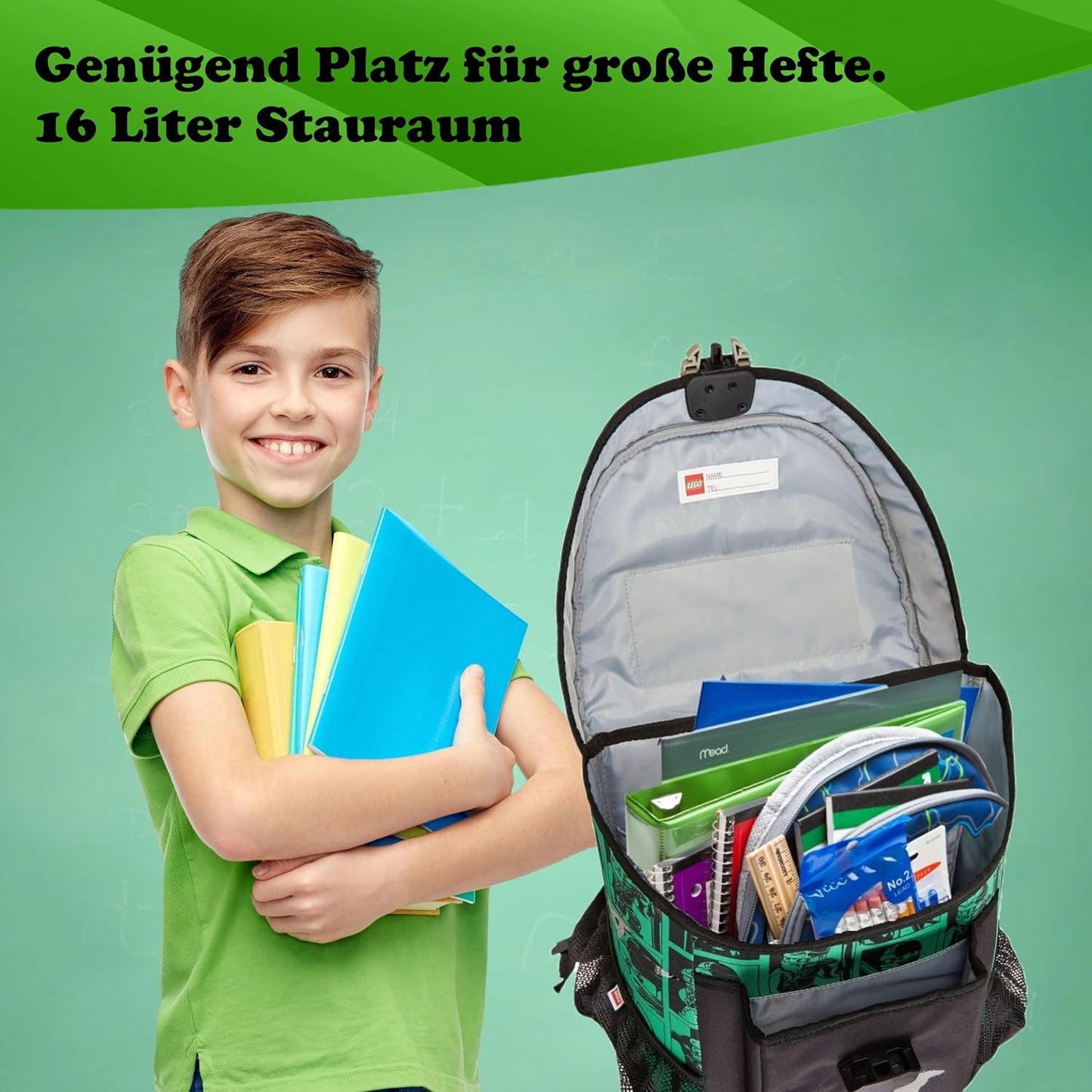 9-teiliges Schulranzen-Set Ninjago, Grün, 9-teiliges Set mit Sporttasche