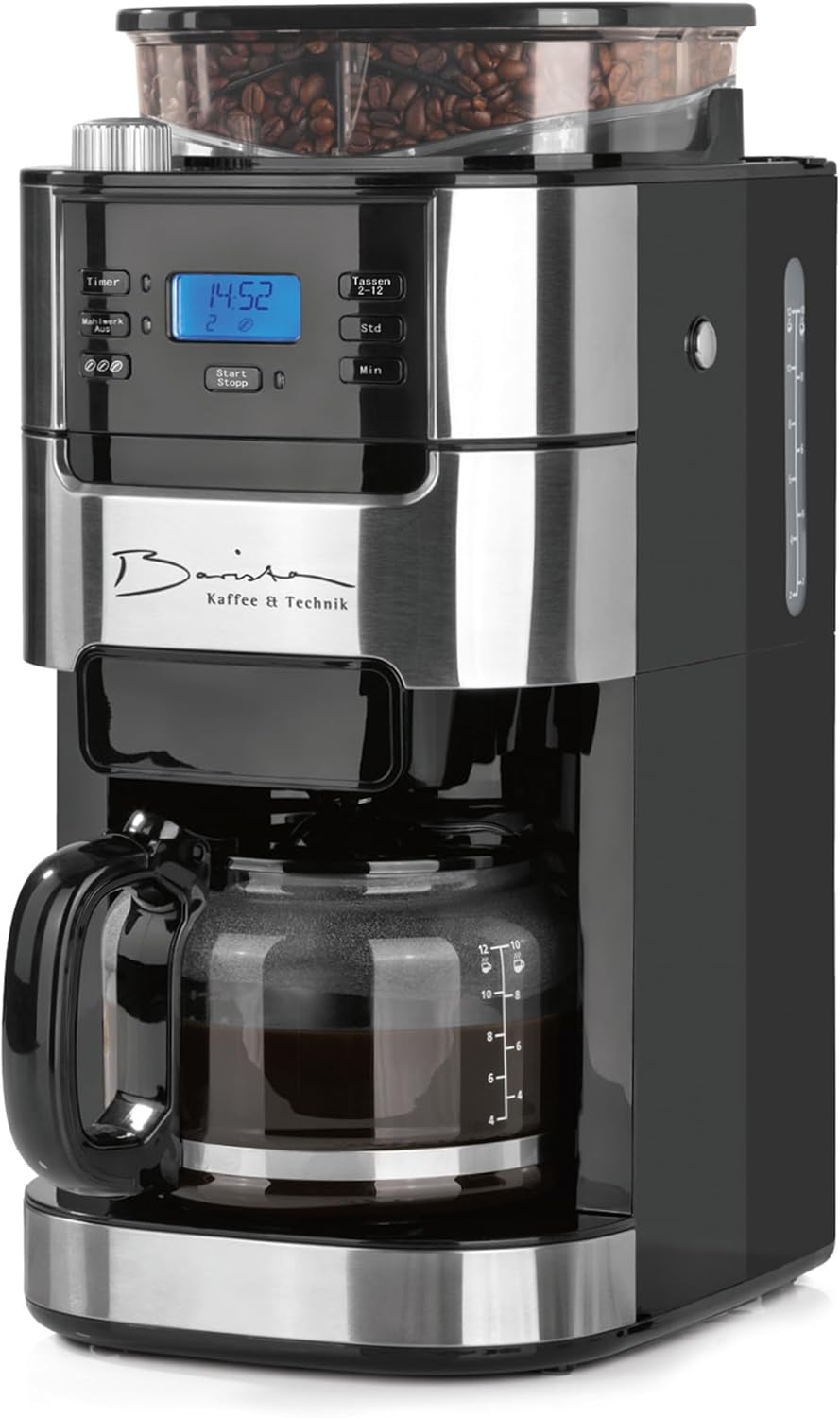 Filterkaffeemaschine für 10 Tassen, 6) Edelstahl - Glaskanne - mit Mahlwerk