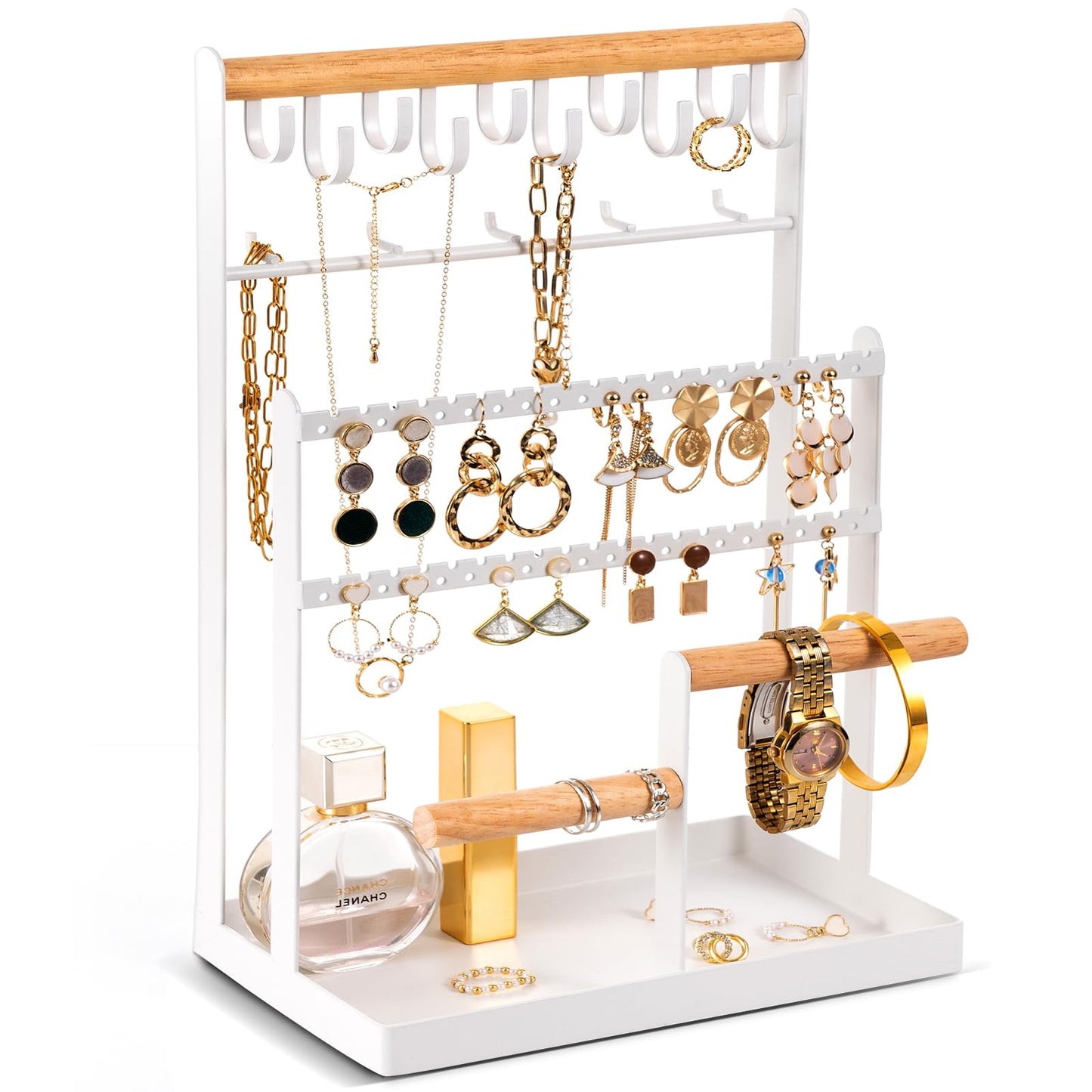 Schmuckständer mit 15 Haken & 40 Löchern für Ohrringe, Weiss