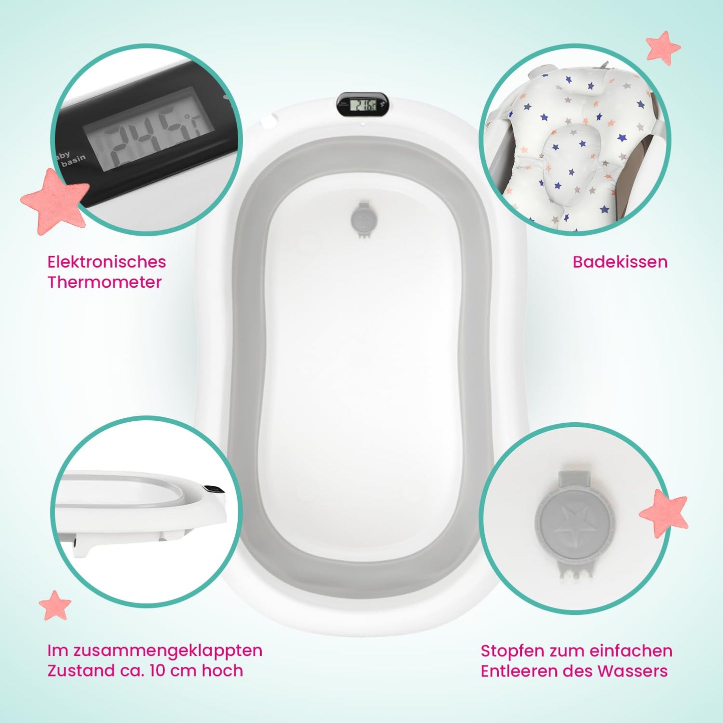 Premium folding bathtub, Premium Grau (Badekissen, Thermometer) Faltbare Babybadewanne