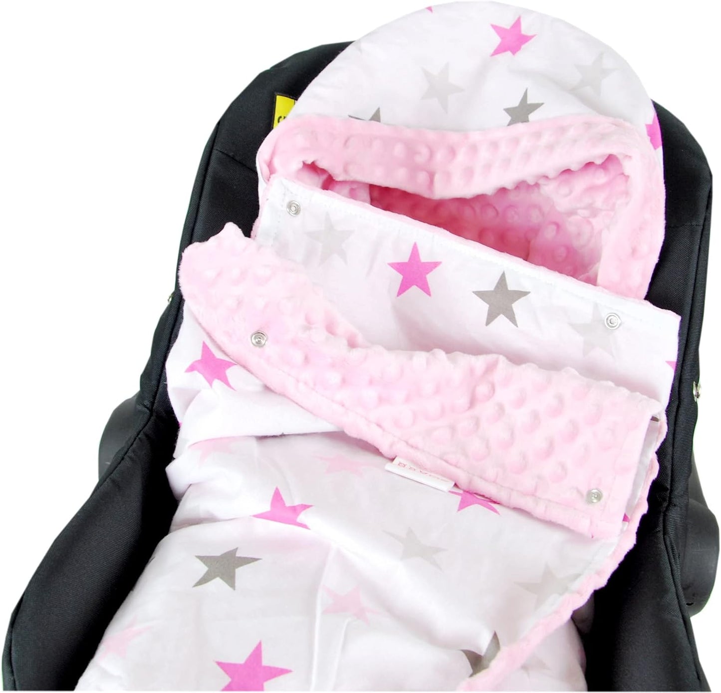 Baby Einschlagdecke für Babyschale mit 3-Punkt-Gurt, 10. Rosa + Sterne
