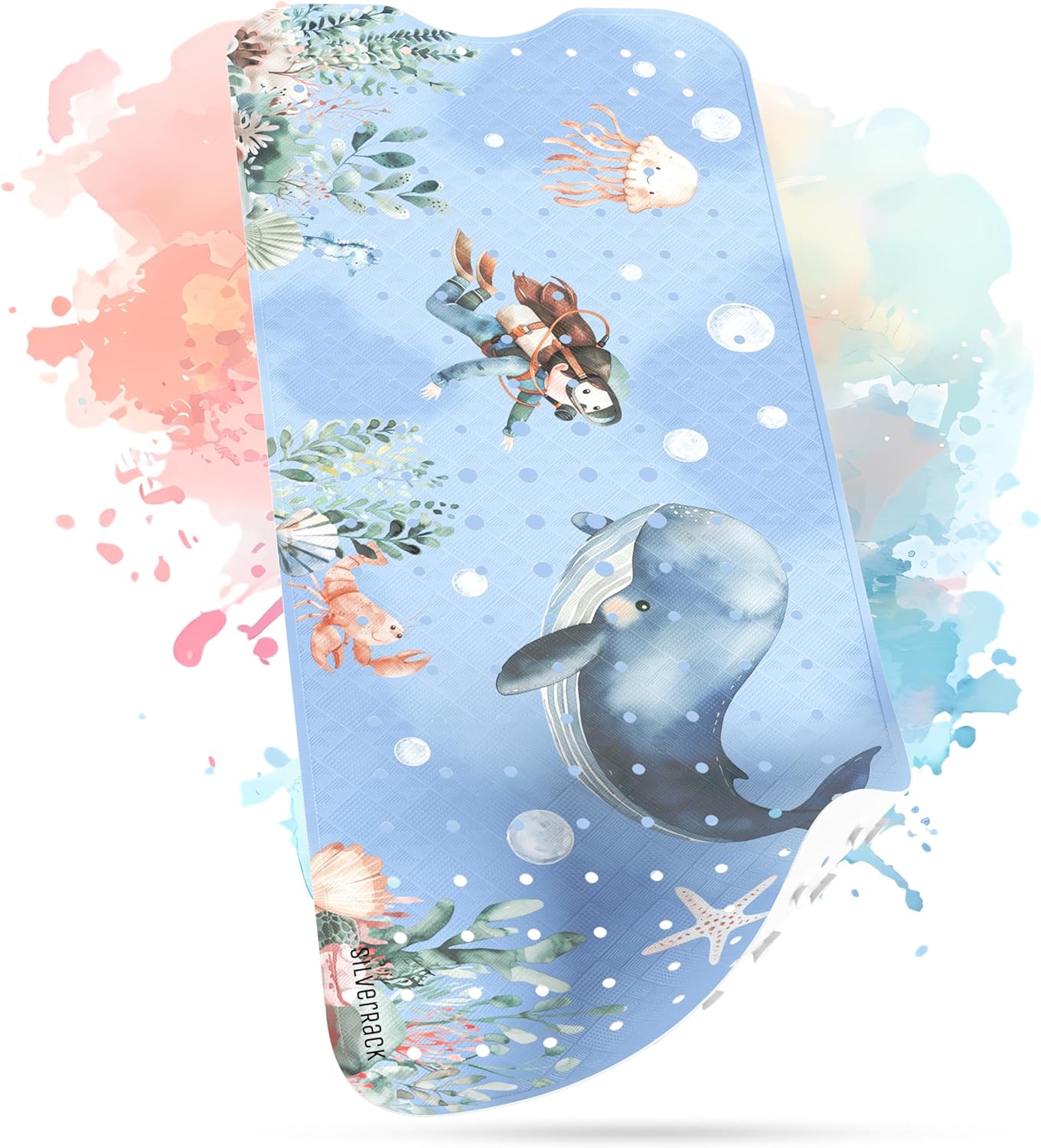 Rutschfeste Badewannenmatte für Kinder, 100 x 40 cm (Rechteckig) Wal Unterwasserwelt Blau