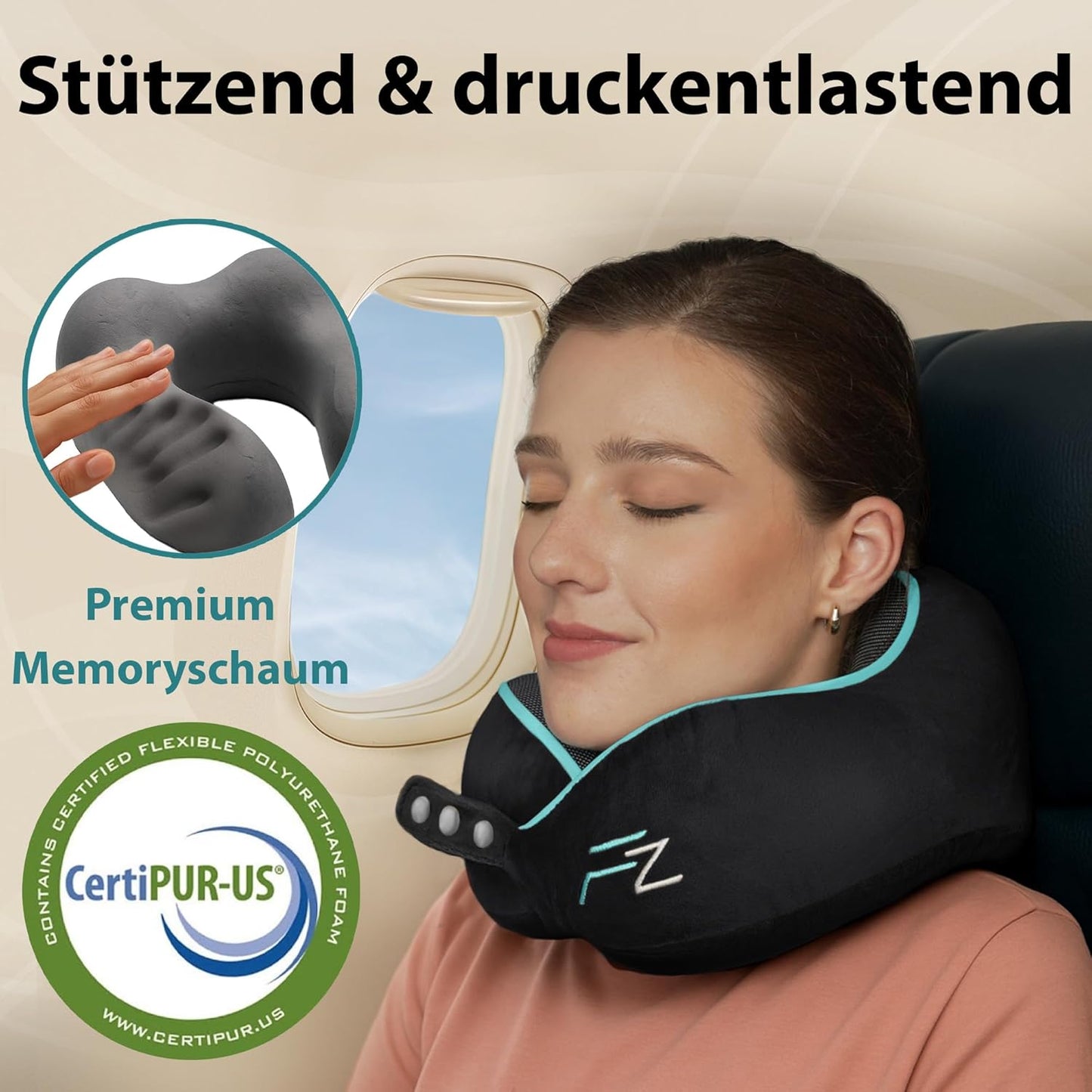 Nackenkissen für Flugzeug und Auto, 2.2.1. Comfy With Hood - Schwarz