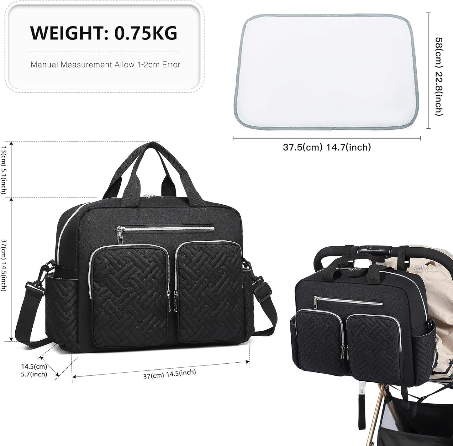 Baby-Wickeltasche mit Wickelauflage, 37 Zentimeter x 14,5 Zentimeter x 37 Zentimeter Grosse Tasche mit Wickelauflage Schwarz
