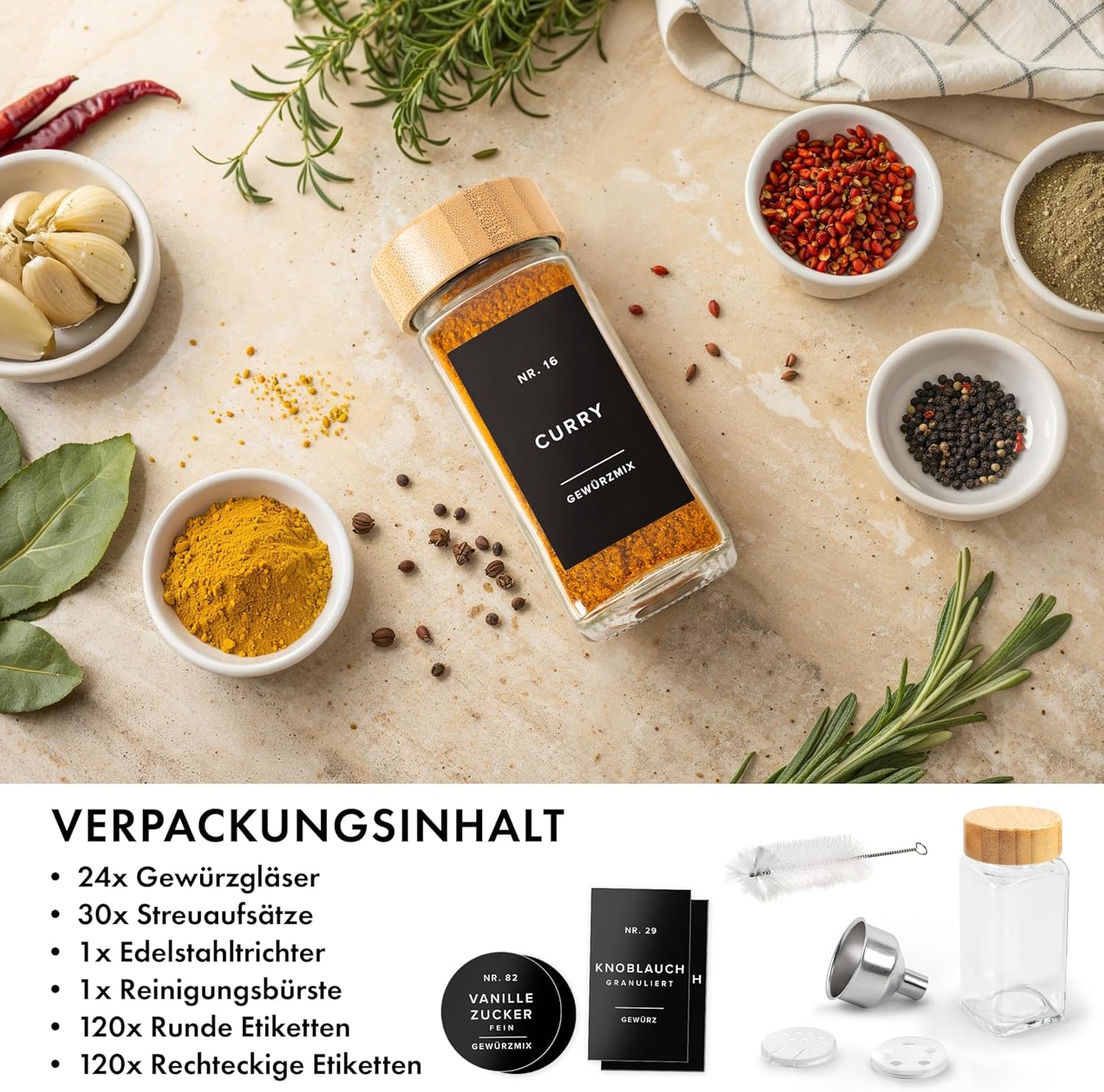24er-Set Eckige Gewürzgläser, Bambus Dunkler Deckel
