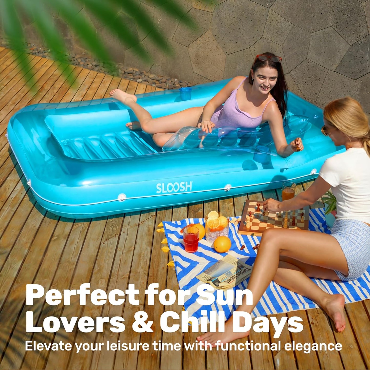 Aufblasbarer Sonnenpool mit abnehmbarem Kissen und Getränkehalter, Blau XL