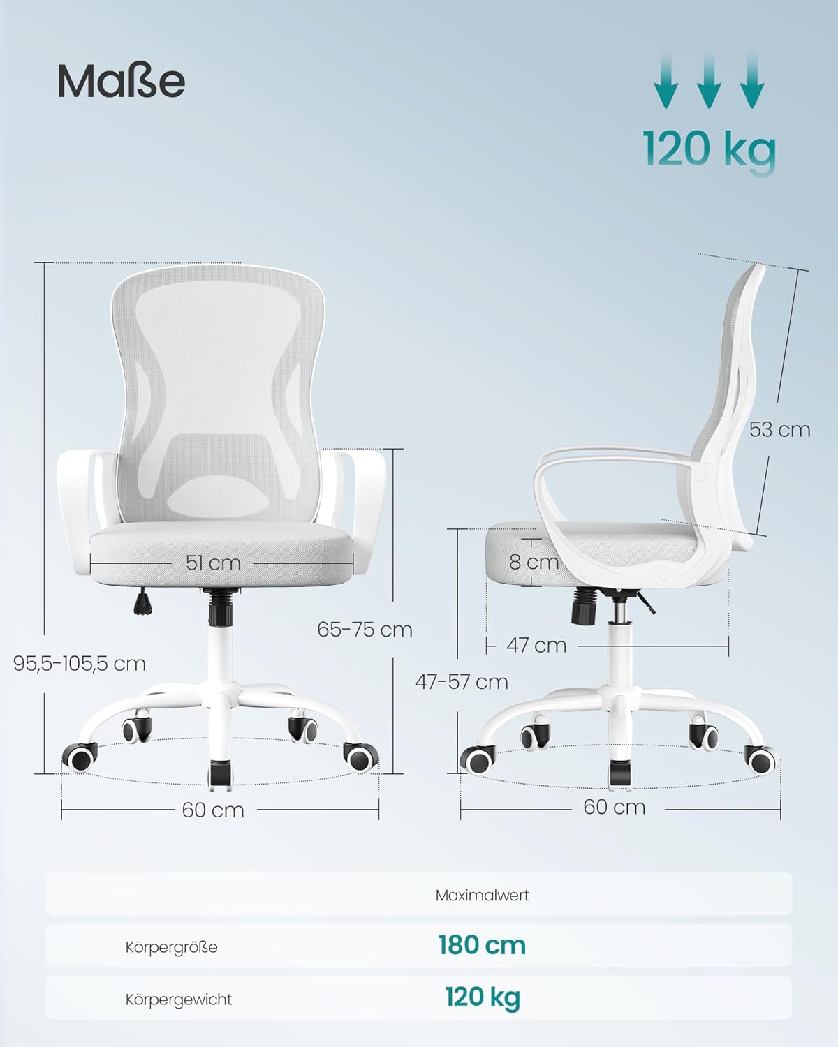 Ergonomischer Bürostuhl mit Lendenstütze, Taubengrau Feste Armlehnen