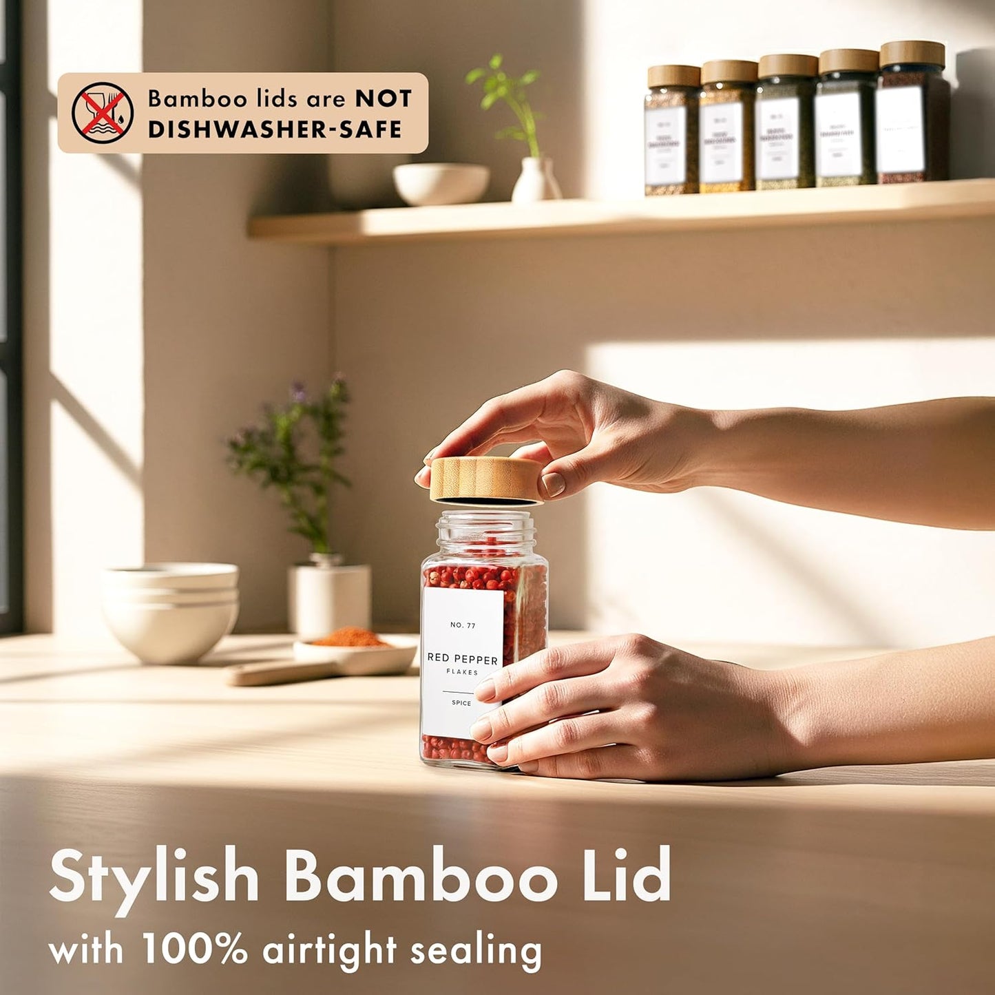 36er-Set Gewürzgläser mit Bambusdeckel und Zubehör, 36x Bamboo Jars White Stickers