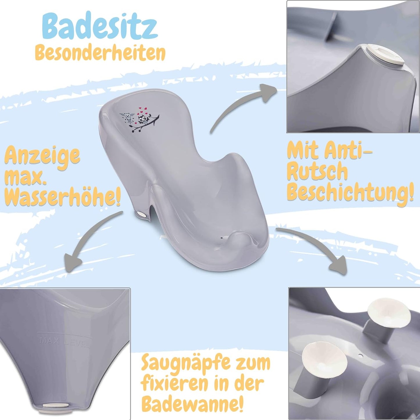 Babybadewanne Eule mit Neugeborenensitz, 2 - Set Eule - grau