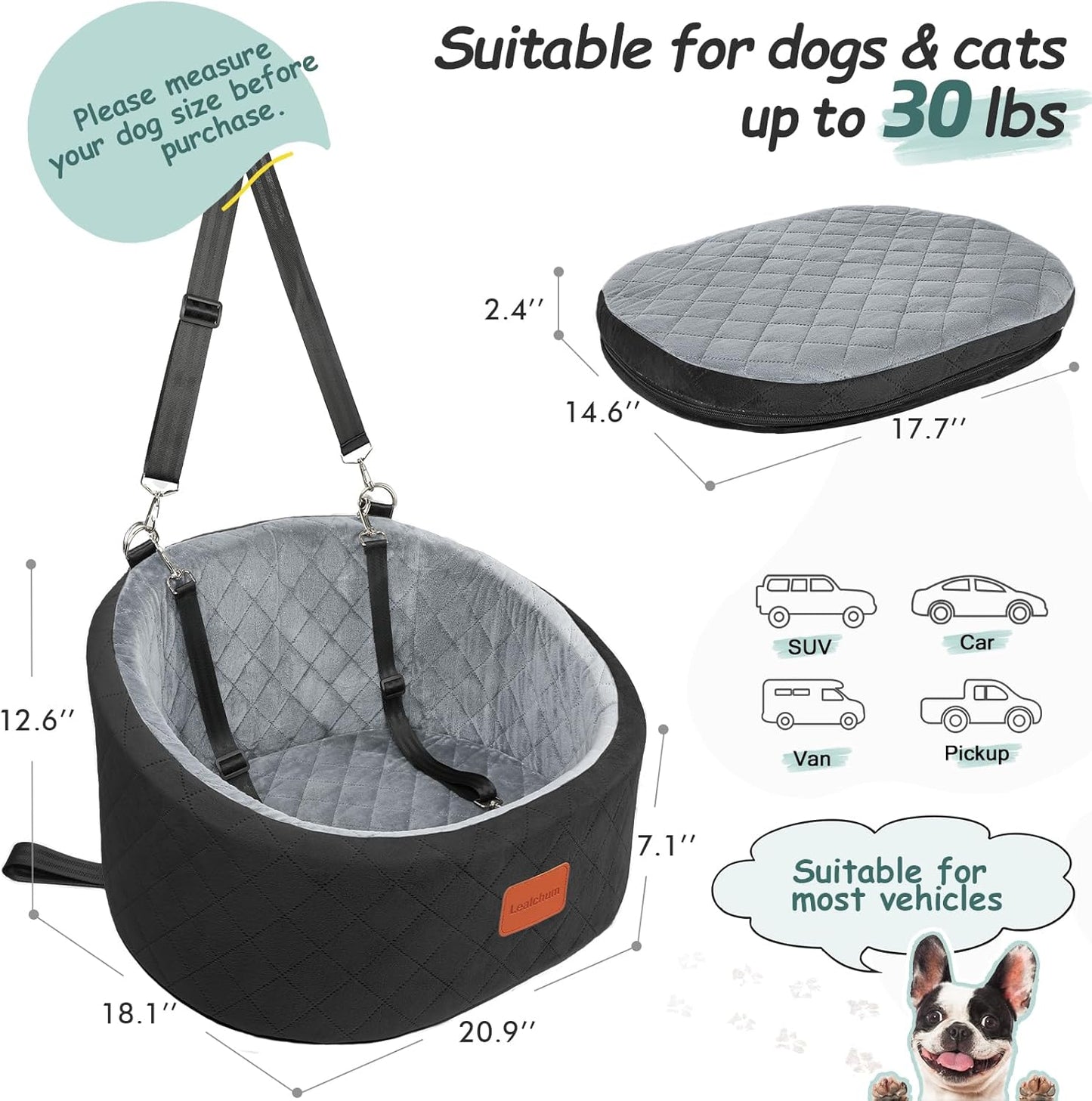 Hunde-Autositz mit Sicherheitsleine, Black/Grey Small