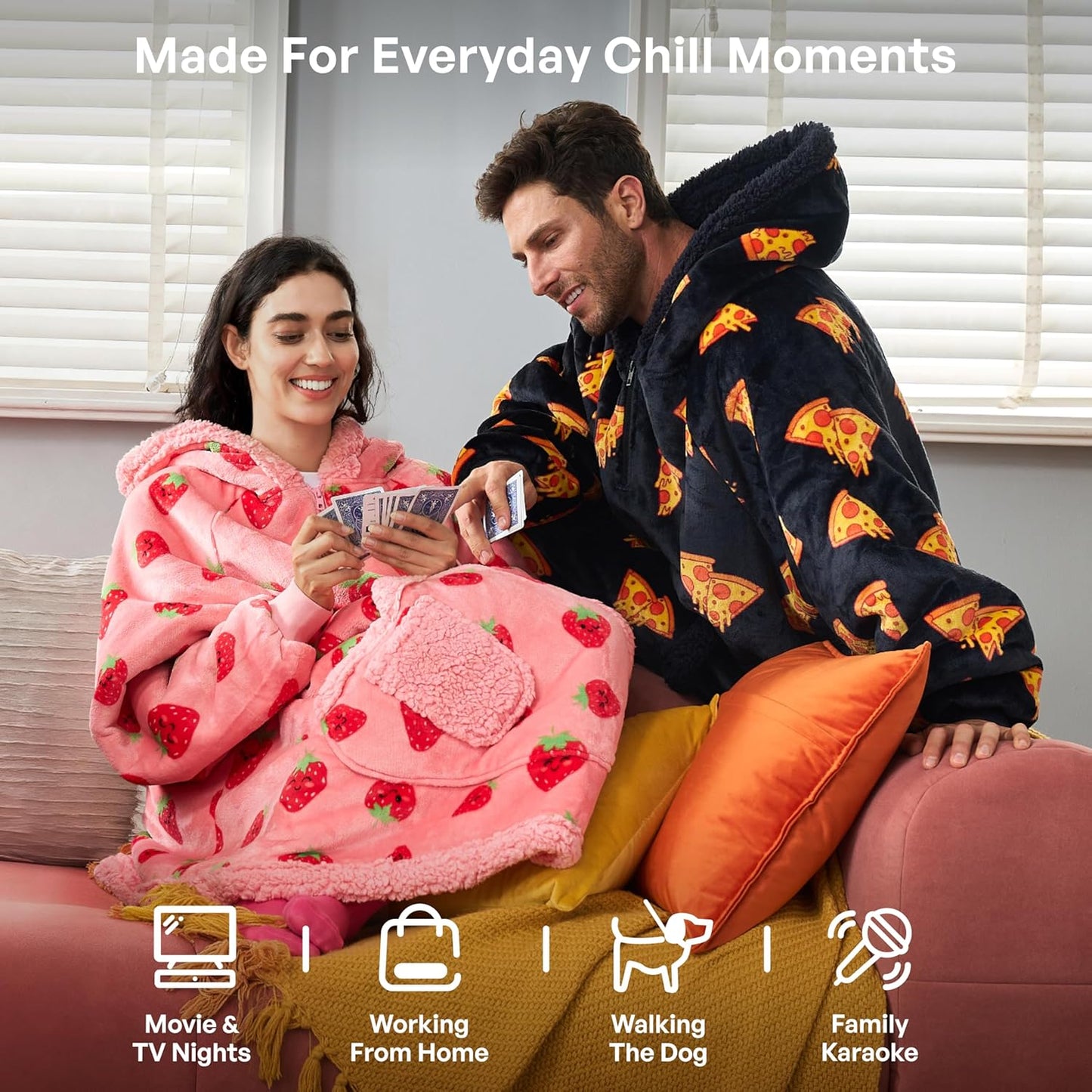 Tragbare Decken Hoodie aus Flanell Sherpa Fleece, Schwarze Pizza