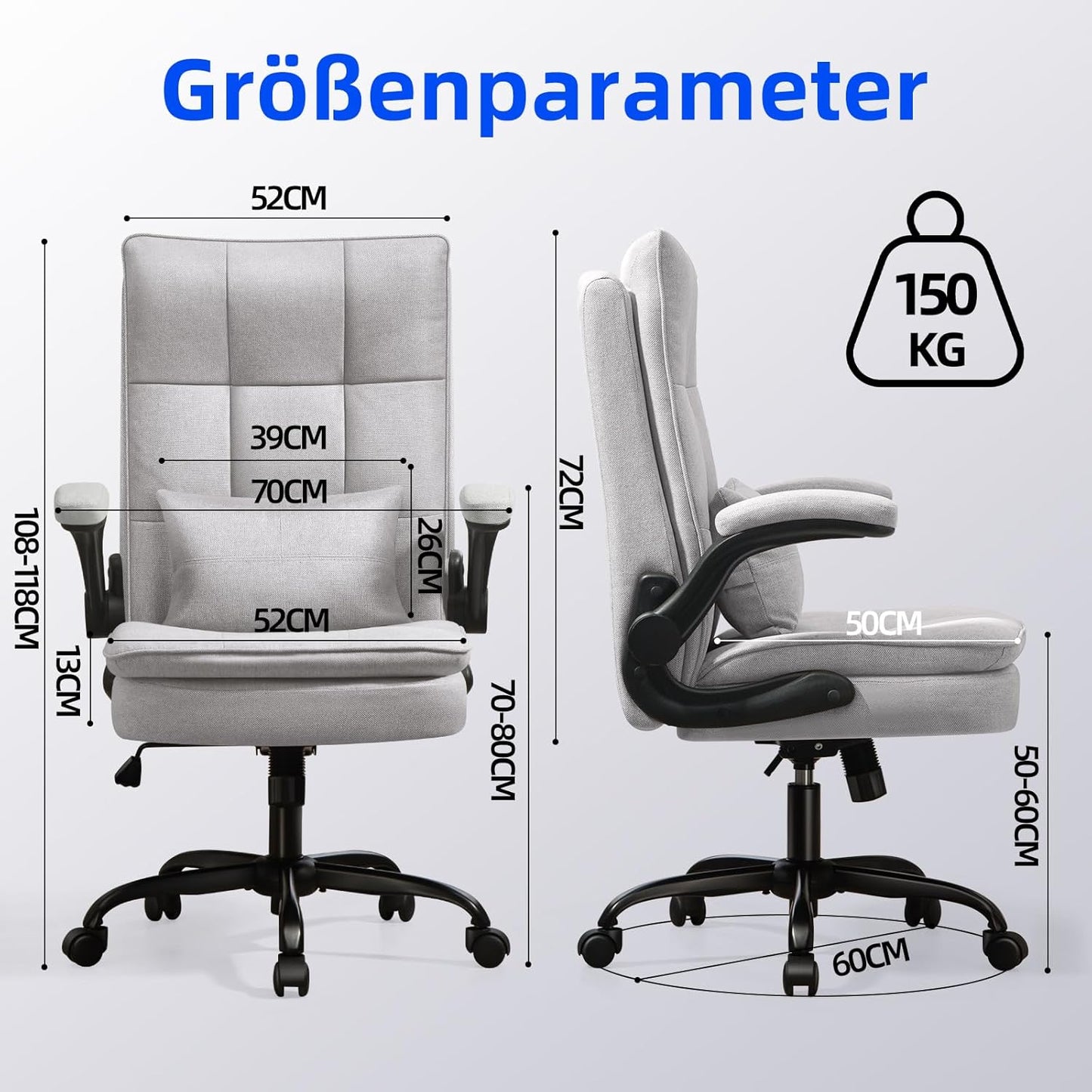 Ergonomischer Bürostuhl mit klappbaren Armlehnen, Grau
