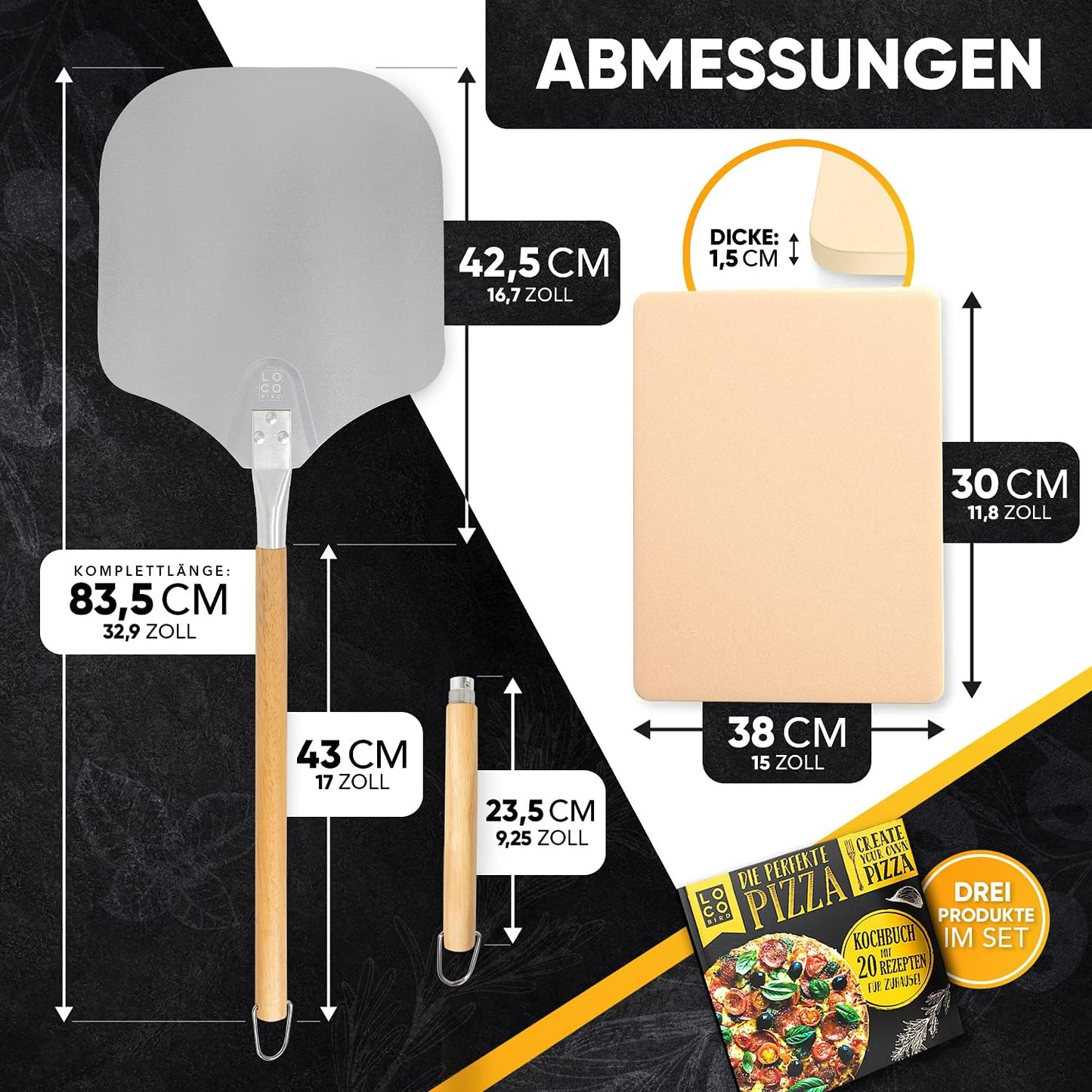 3-teiliges Pizzastein-Set für Ofen & Grill, 38 x 30 x 1.5 cm