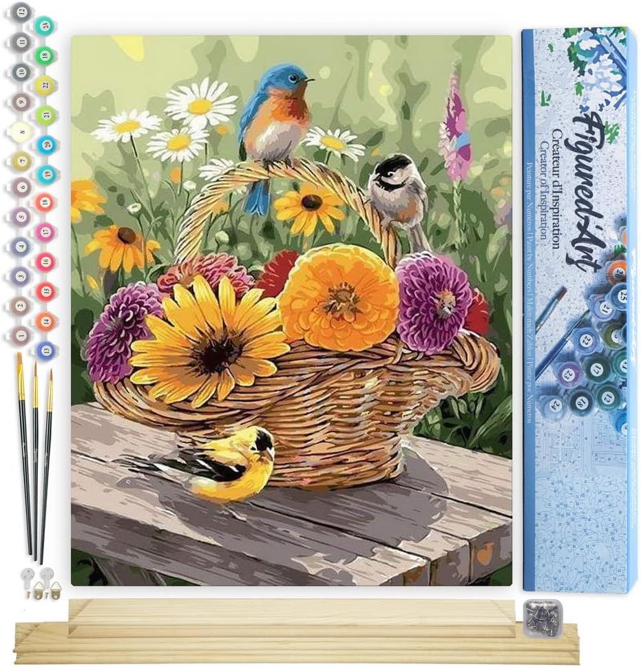 Malen nach Zahlen Set Blumen mit Vögeln, Blumen im Korb und Vögeln 40x50cm Mit Keilrahmen (nicht gespannt)