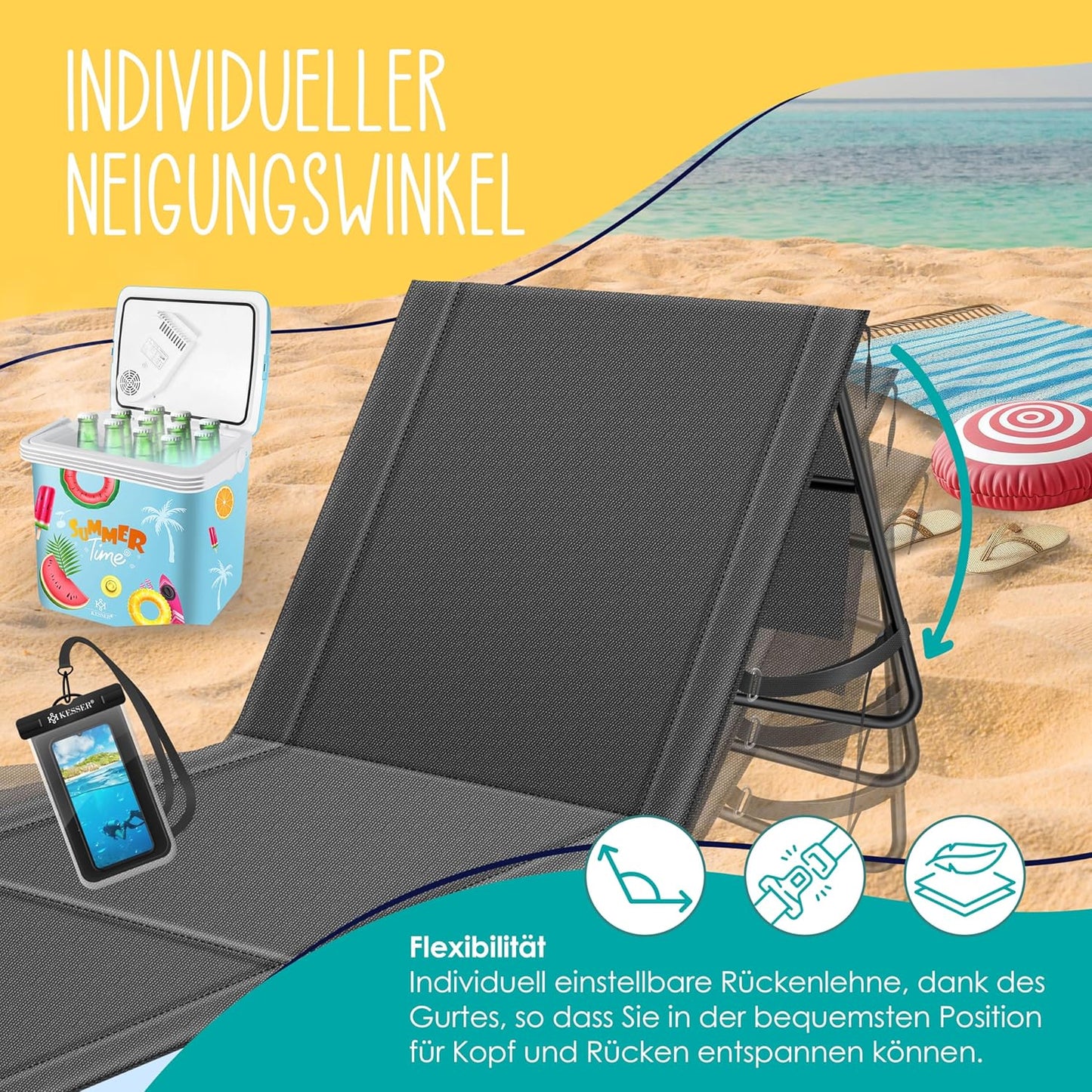 Klappbare Strandmatte mit verstellbarer Rückenlehne und Tragegurt, 1 Stück Anthrazit