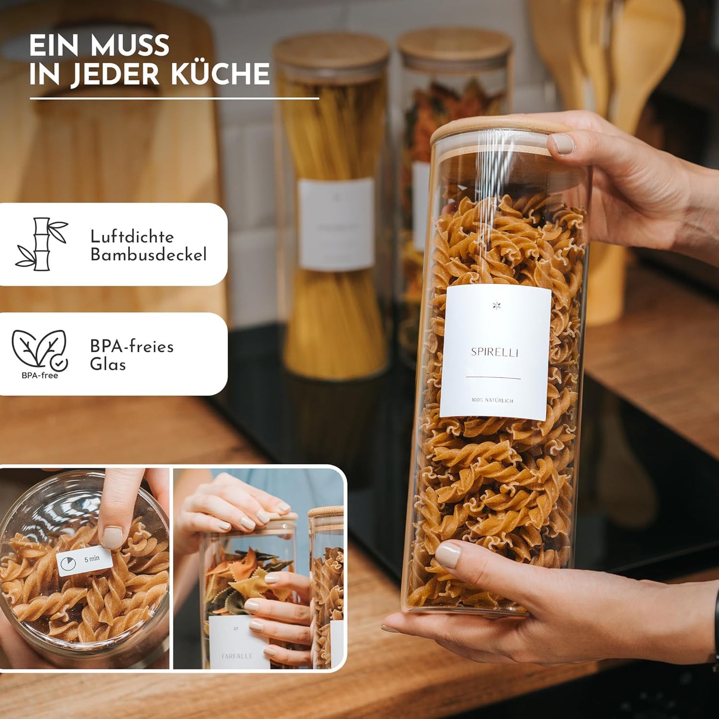 Vorratsgläser-Set mit Bambusdeckel (3x 1700ml), 3er Set - 1700ml
