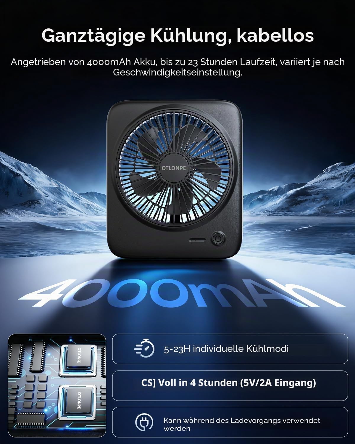 Tischventilator mit Akku, 4 Geschwindigkeiten, Schwarz