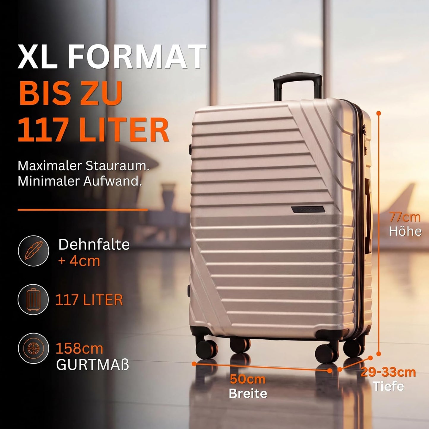 Hartschalenkoffer XL mit TSA Schloss und 4 Rollen, Champagner XL