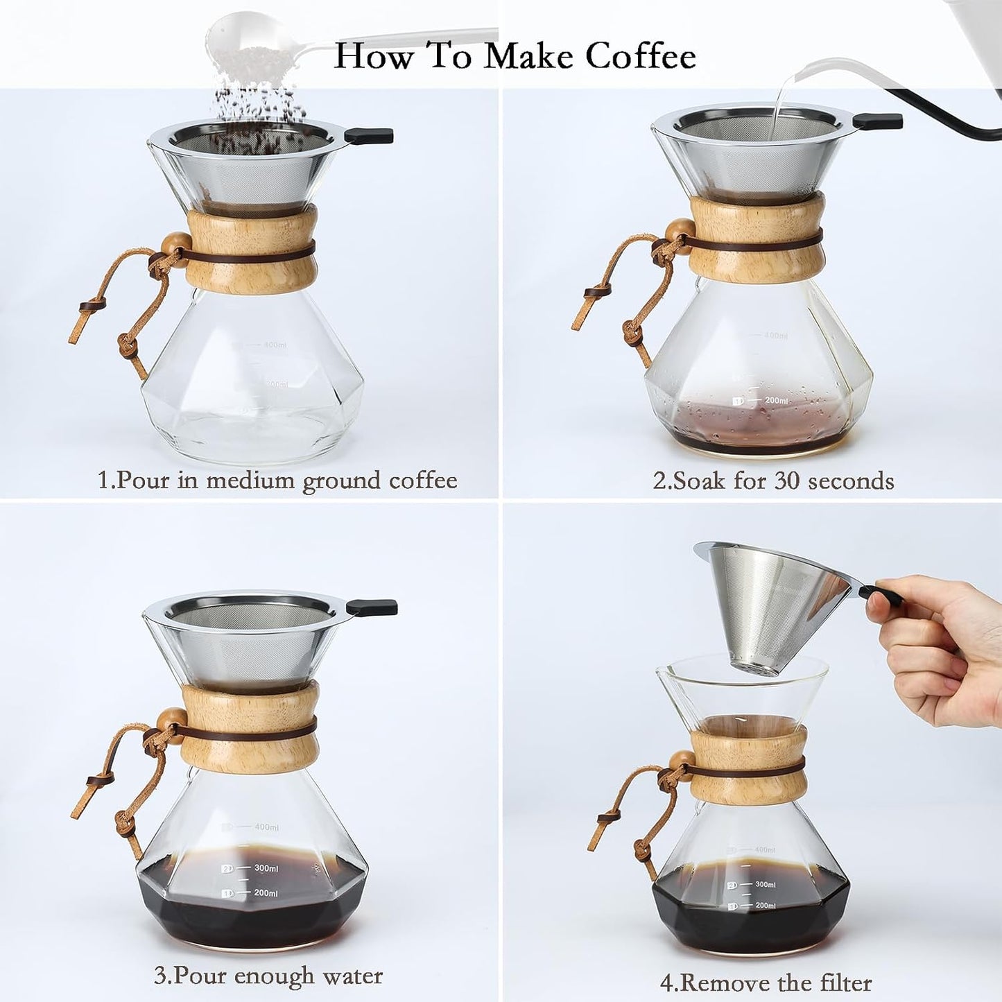 Pour Over Kaffeebereiter mit Edelstahlfilter, 600 ml (Transparent, Steel Filter)