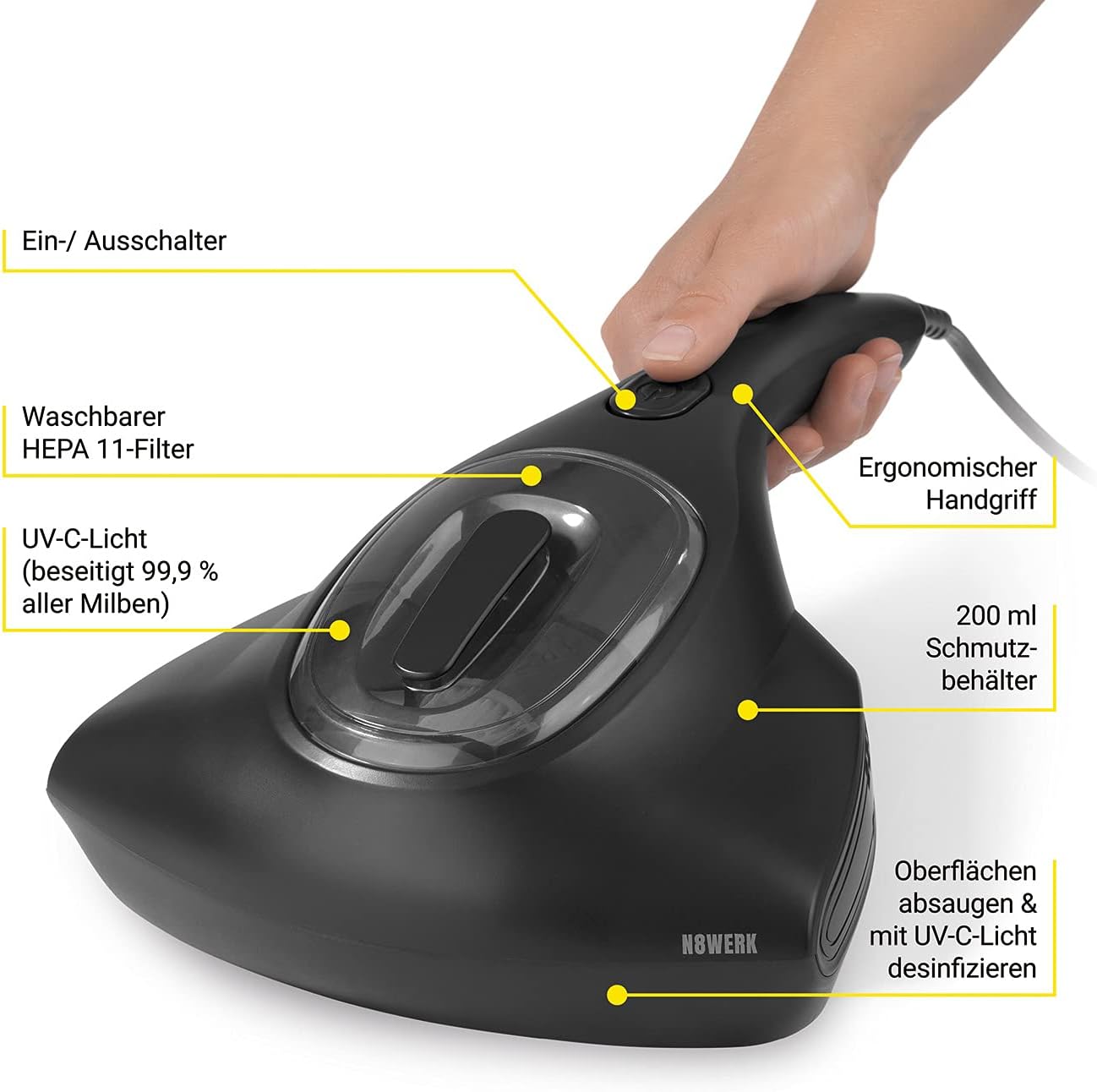 Milben-Handstaubsauger mit UV-C-Licht 300W, Midnight Black