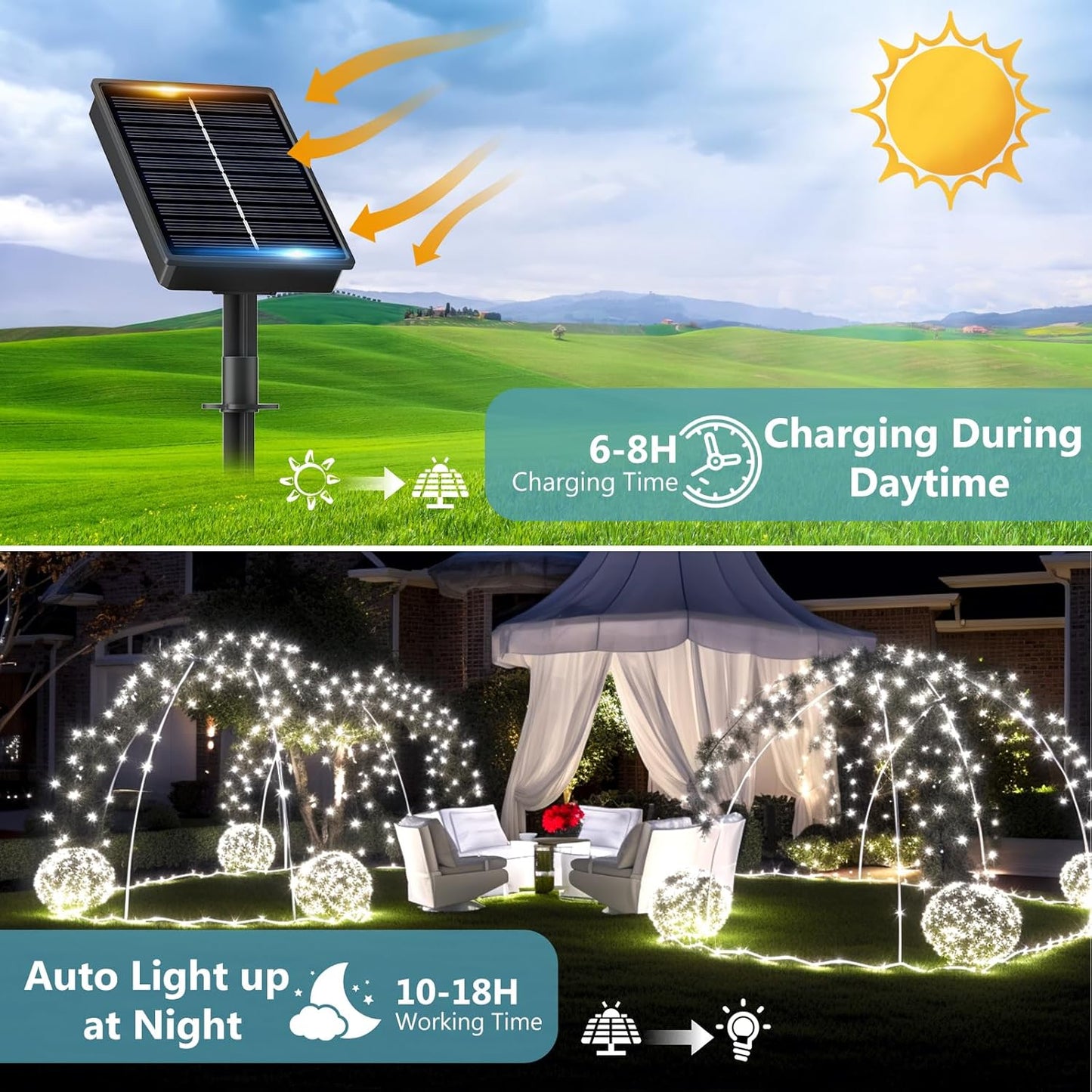 3 Stück Solar Lichterketten mit je 120 LEDs und 8 Modi, Kaltweiss 3 Stück-12M