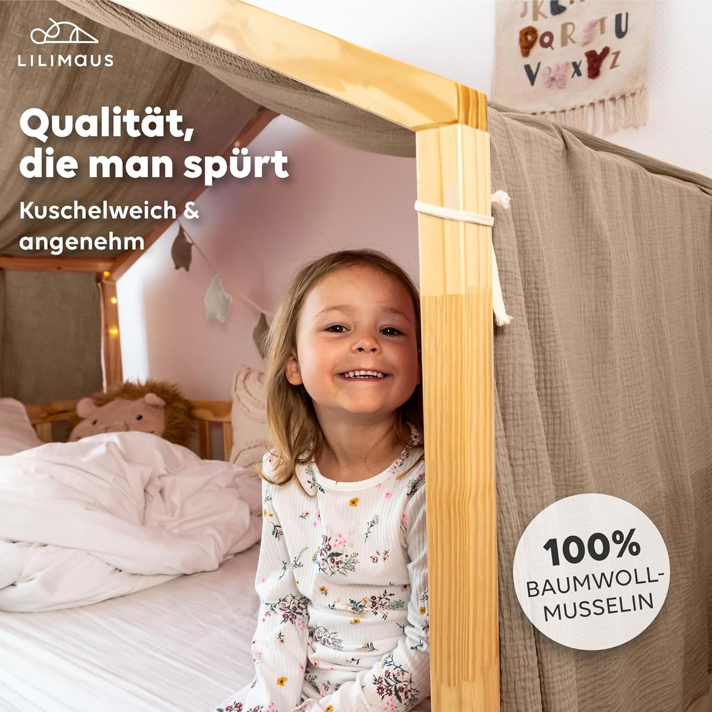 Hausbett Betthimmel aus Musselin Baumwolle, Dunkelbeige 135 x 320cm