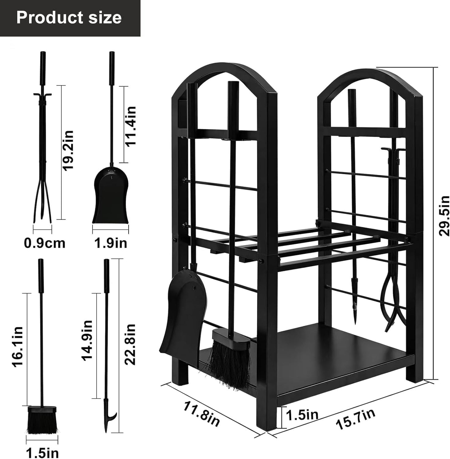 Kaminholzregal mit 4 Kaminwerkzeug, Schwarz