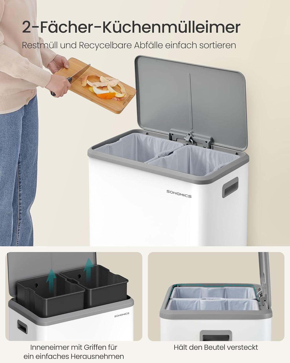 Mülltrennsystem 2x30L mit Softclose-Deckel, wolkenweiss 60 L